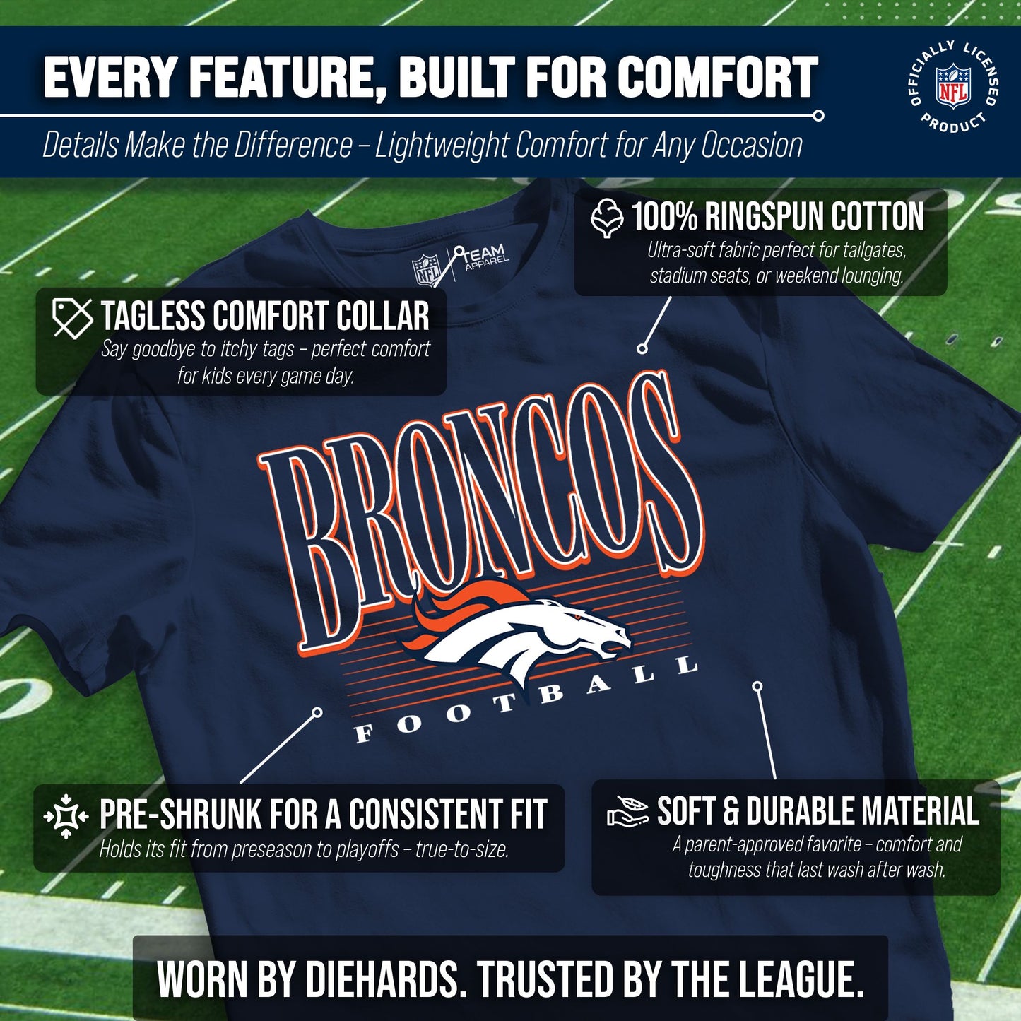 Denver Broncos NFL Youth Overtime Blueprint Football T-Shirt Unisex Tag Free Comfortable - Navy