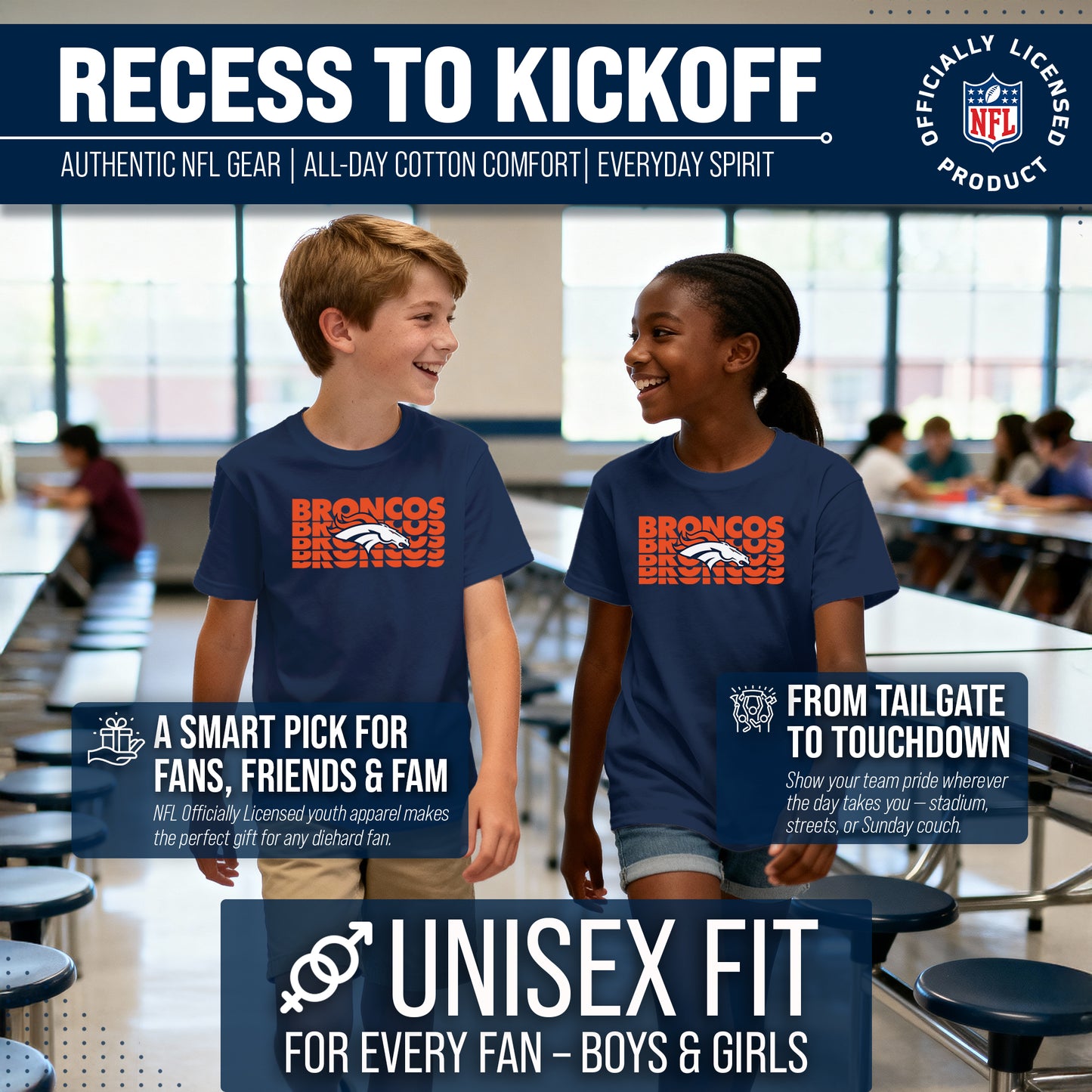 Denver Broncos NFL Youth Repeating Logo Football T-Shirt Unisex Tag Free Comfortable - Navy