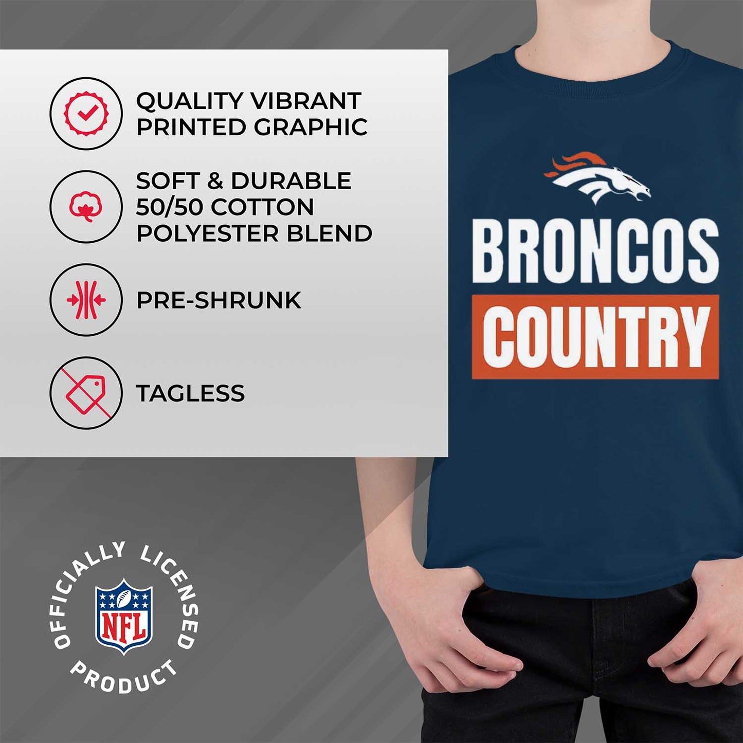 Denver Broncos NFL Youth Team Slogan Short Sleeve Lightweight T Shirt - Navy