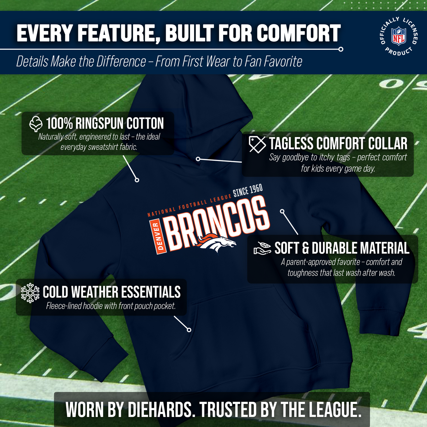 Denver Broncos NFL Youth Modern Endzone Football Fleece Hooded Sweatshirt - Navy