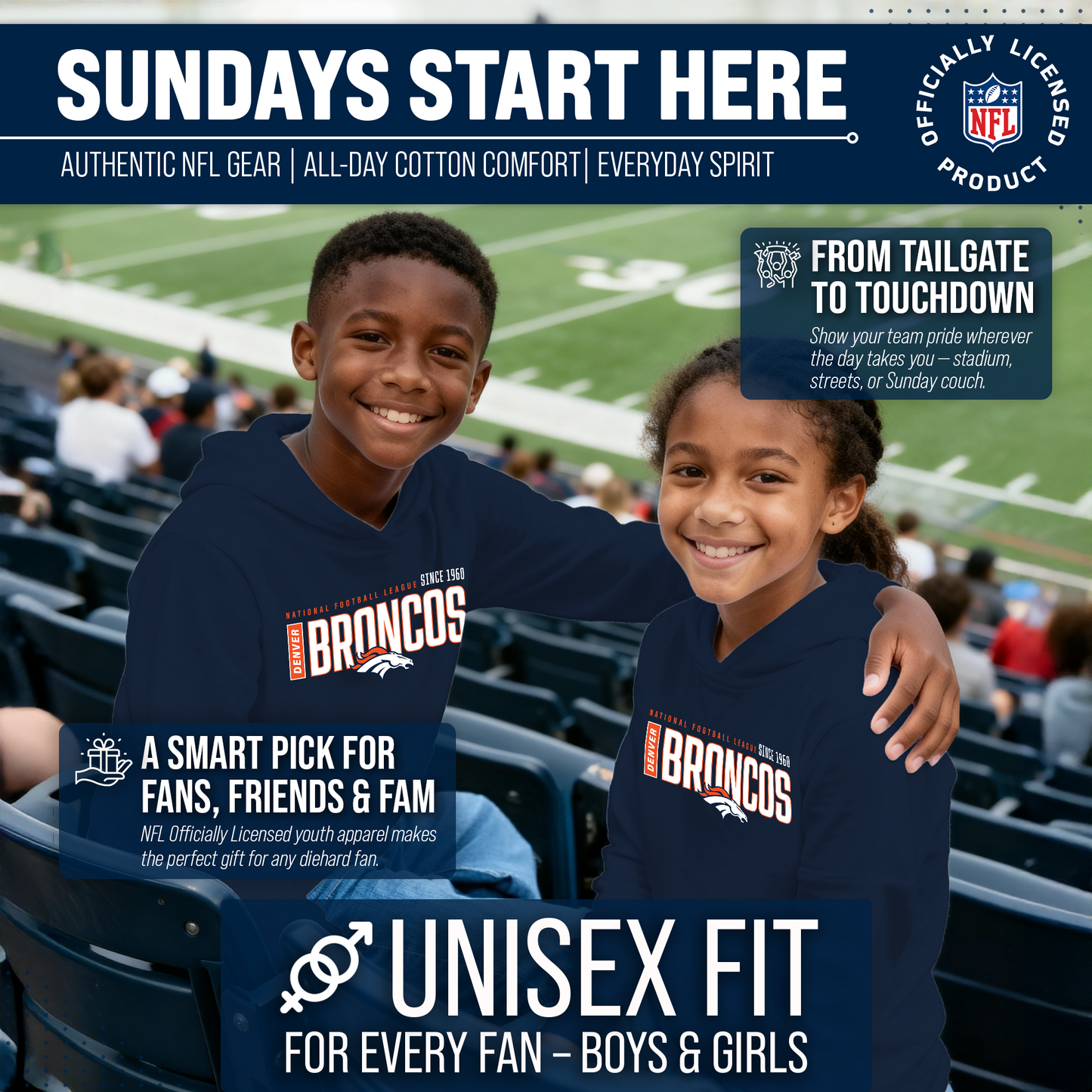 Denver Broncos NFL Youth Modern Endzone Football Fleece Hooded Sweatshirt - Navy