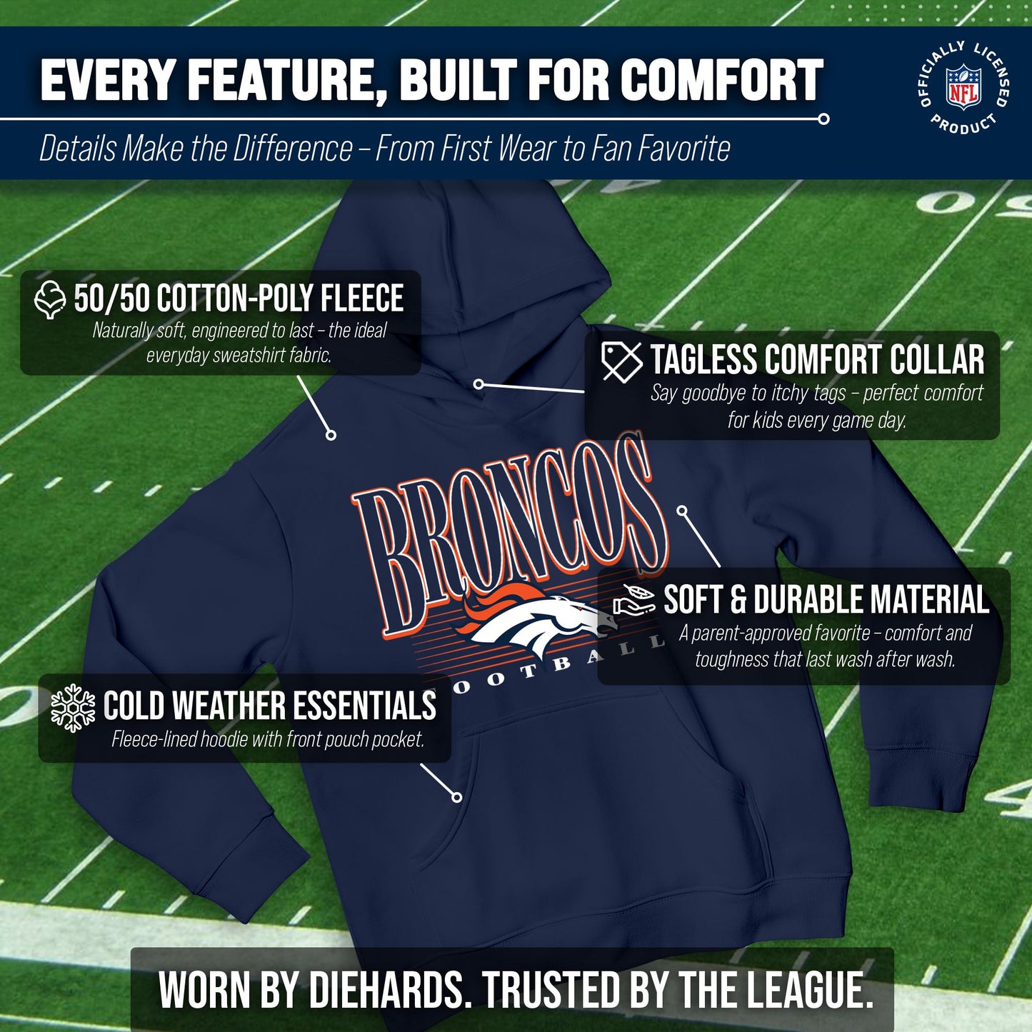 Denver Broncos NFL Youth Overtime Blueprint Football Fleece Hooded Sweatshirt - Navy