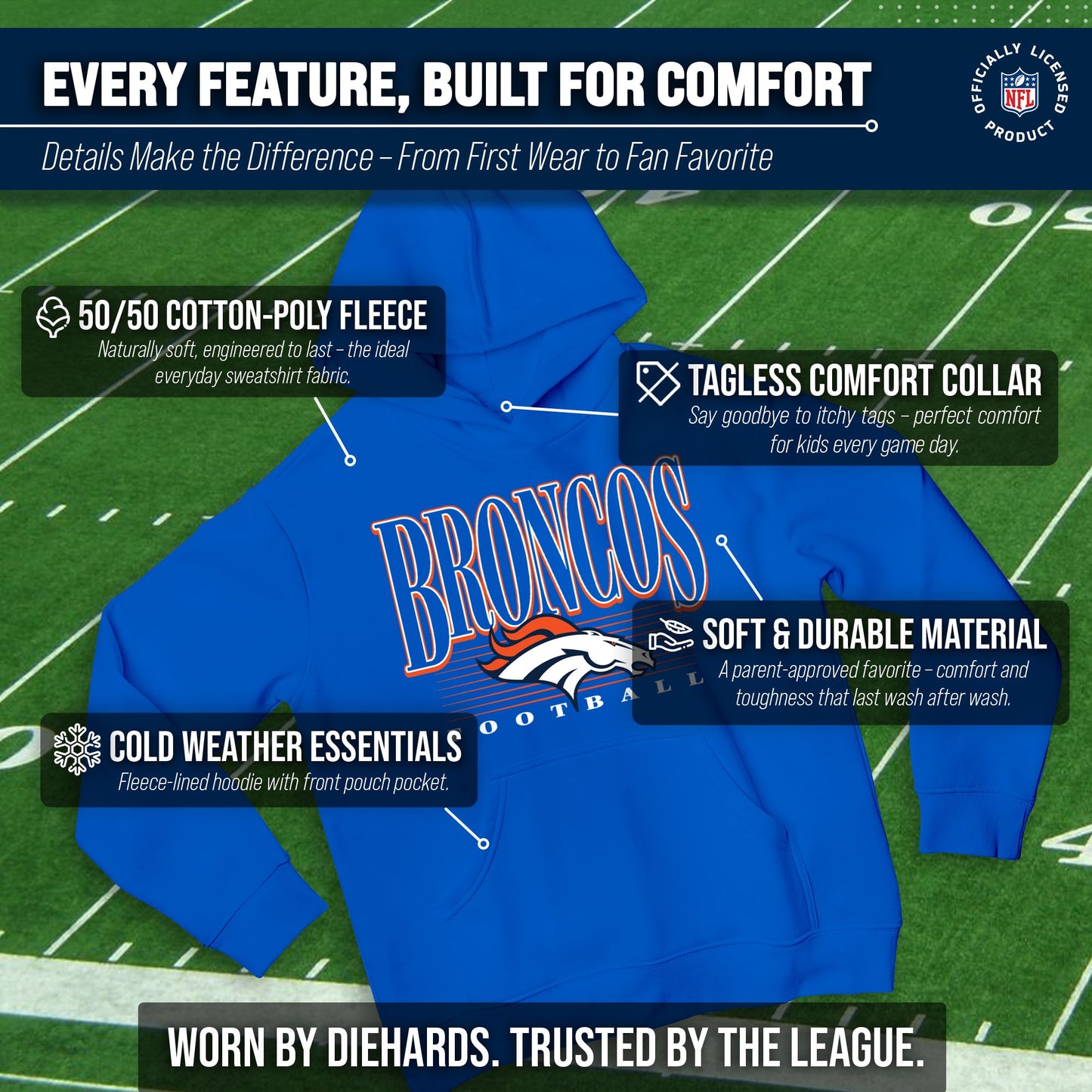 Denver Broncos NFL Youth Overtime Blueprint Football Fleece Hooded Sweatshirt - Royal