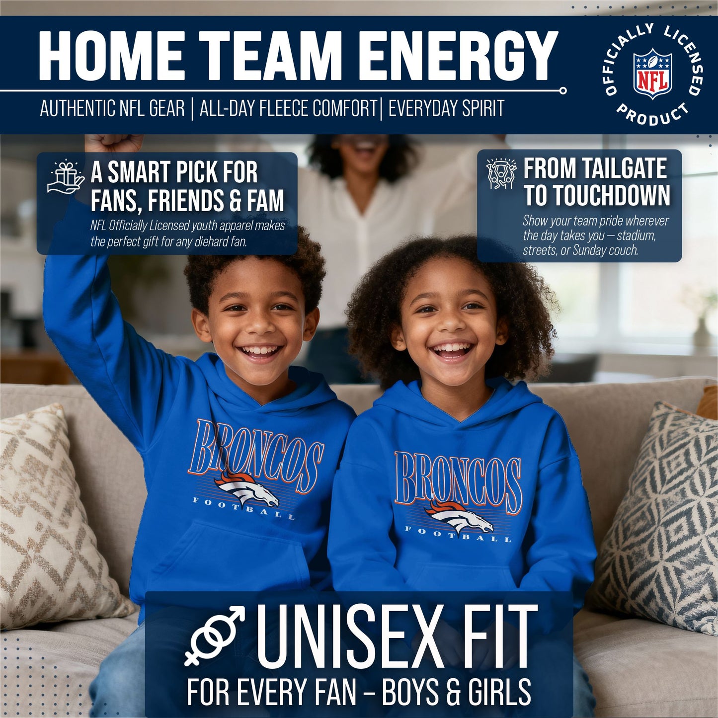 Denver Broncos NFL Youth Overtime Blueprint Football Fleece Hooded Sweatshirt - Royal