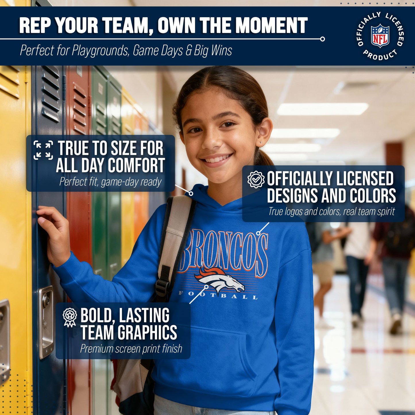 Denver Broncos NFL Youth Overtime Blueprint Football Fleece Hooded Sweatshirt - Royal