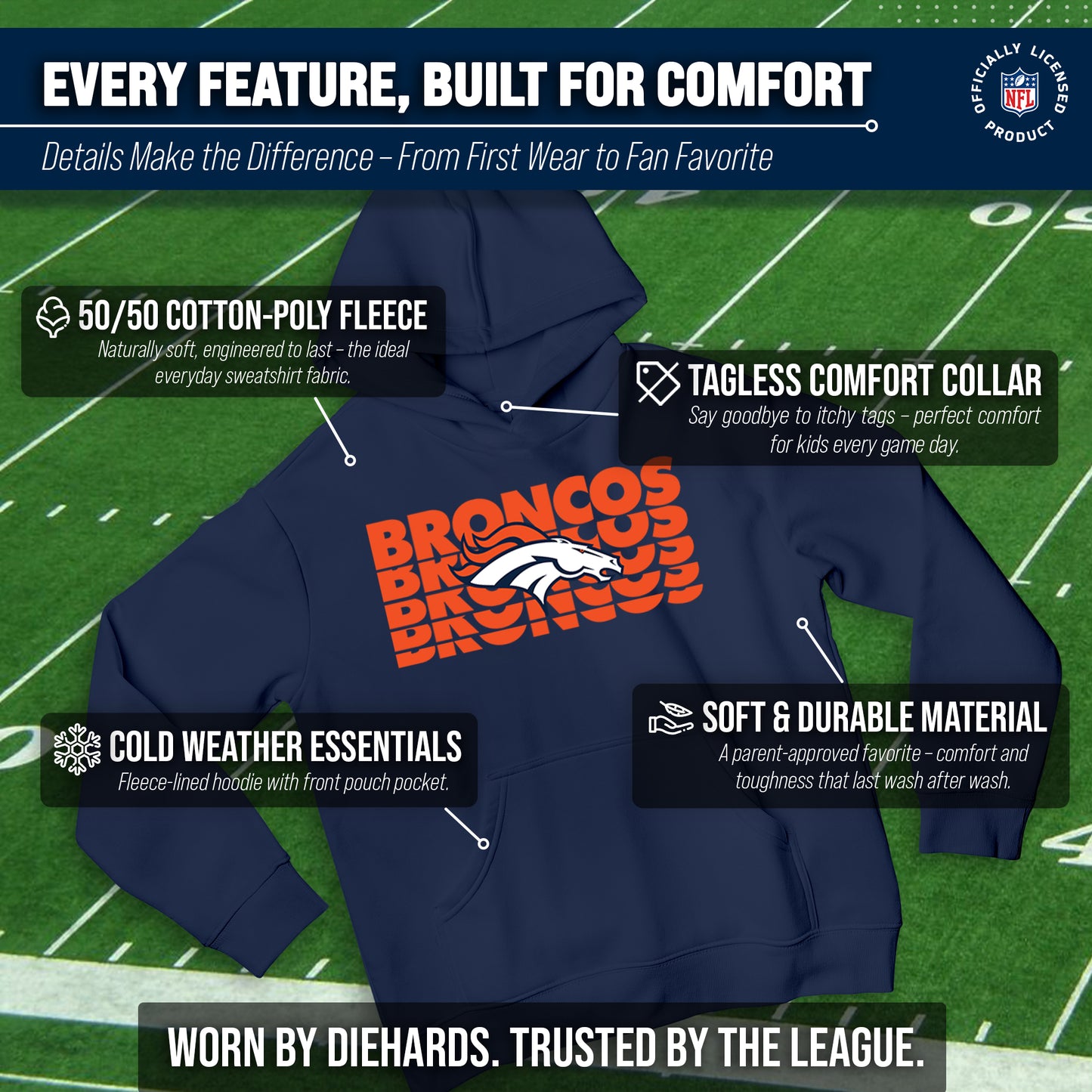 Denver Broncos NFL Youth Repeating Logo Football Fleece Hooded Sweatshirt - Navy