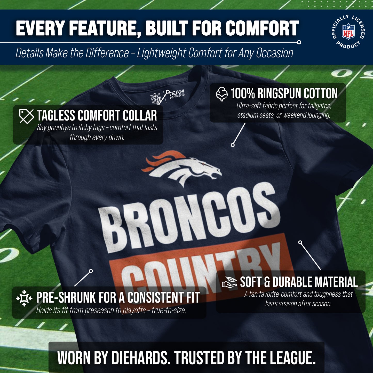 Denver Broncos NFL Adult Team Slogan Unisex T-Shirt - Navy