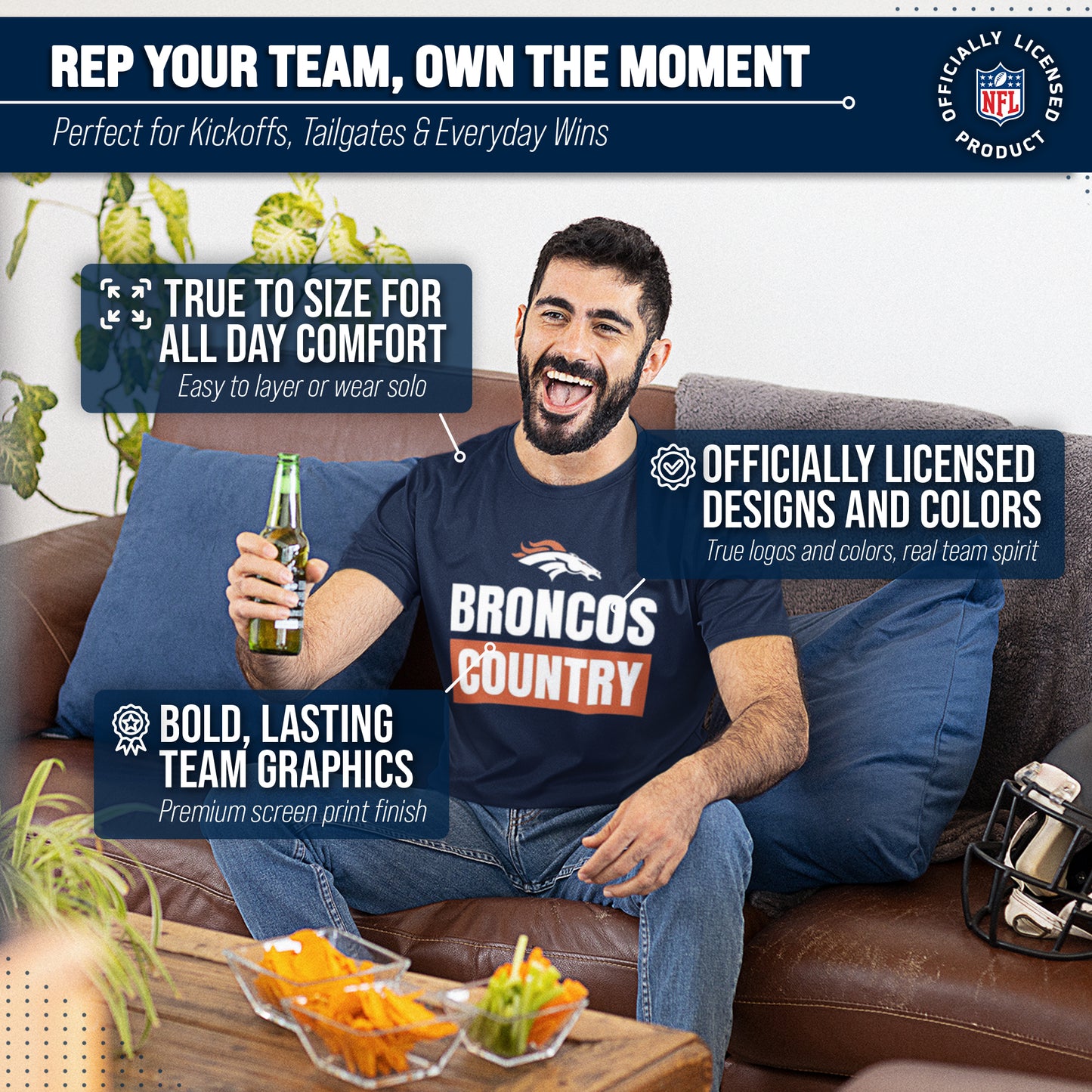 Denver Broncos NFL Adult Team Slogan Unisex T-Shirt - Navy