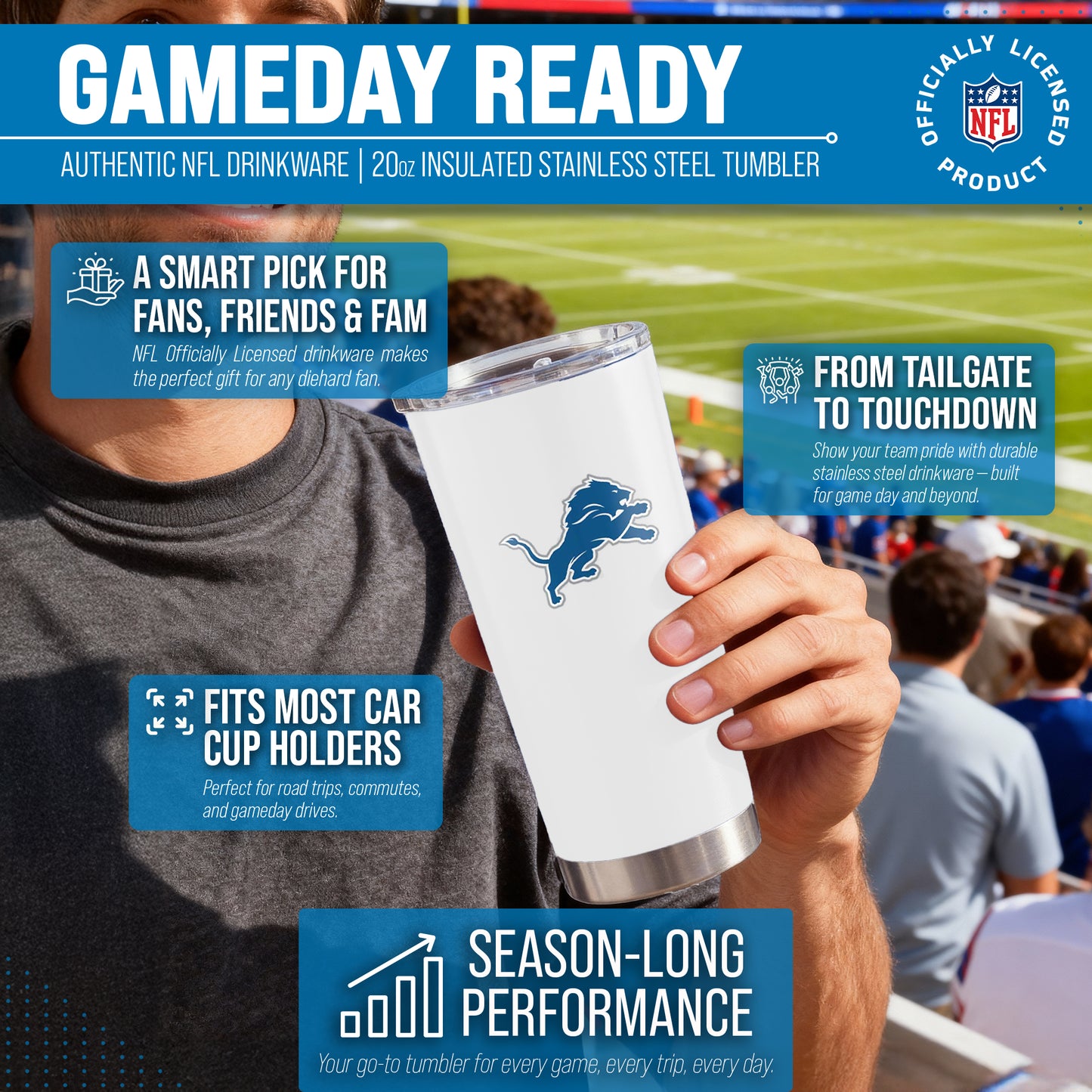 Detroit Lions NFL 20oz Gameday Stainless Steel Tumbler - White