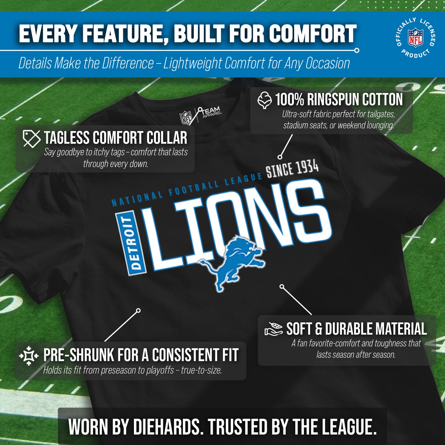 Detroit Lions NFL Youth Modern Endzone Football T-Shirt Unisex Tag Free Comfortable - Black