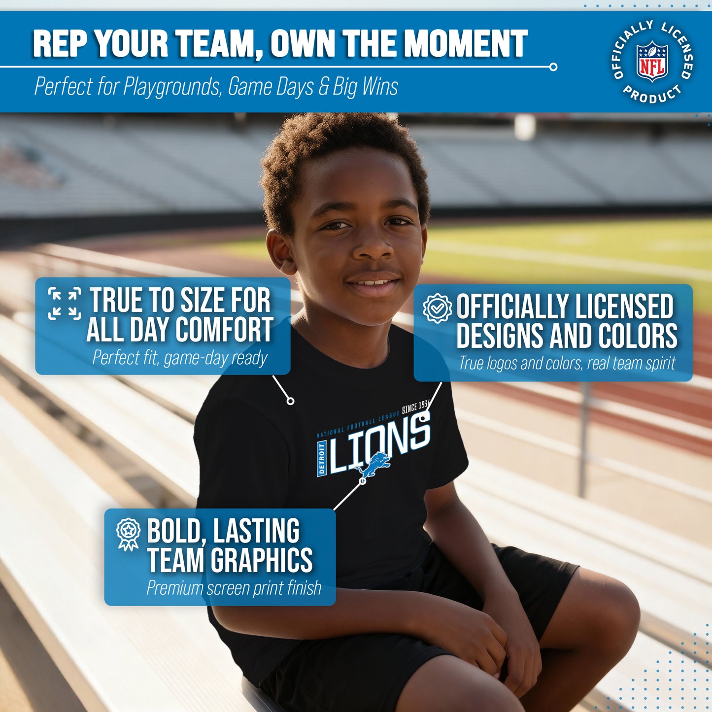 Detroit Lions NFL Youth Modern Endzone Football T-Shirt Unisex Tag Free Comfortable - Black