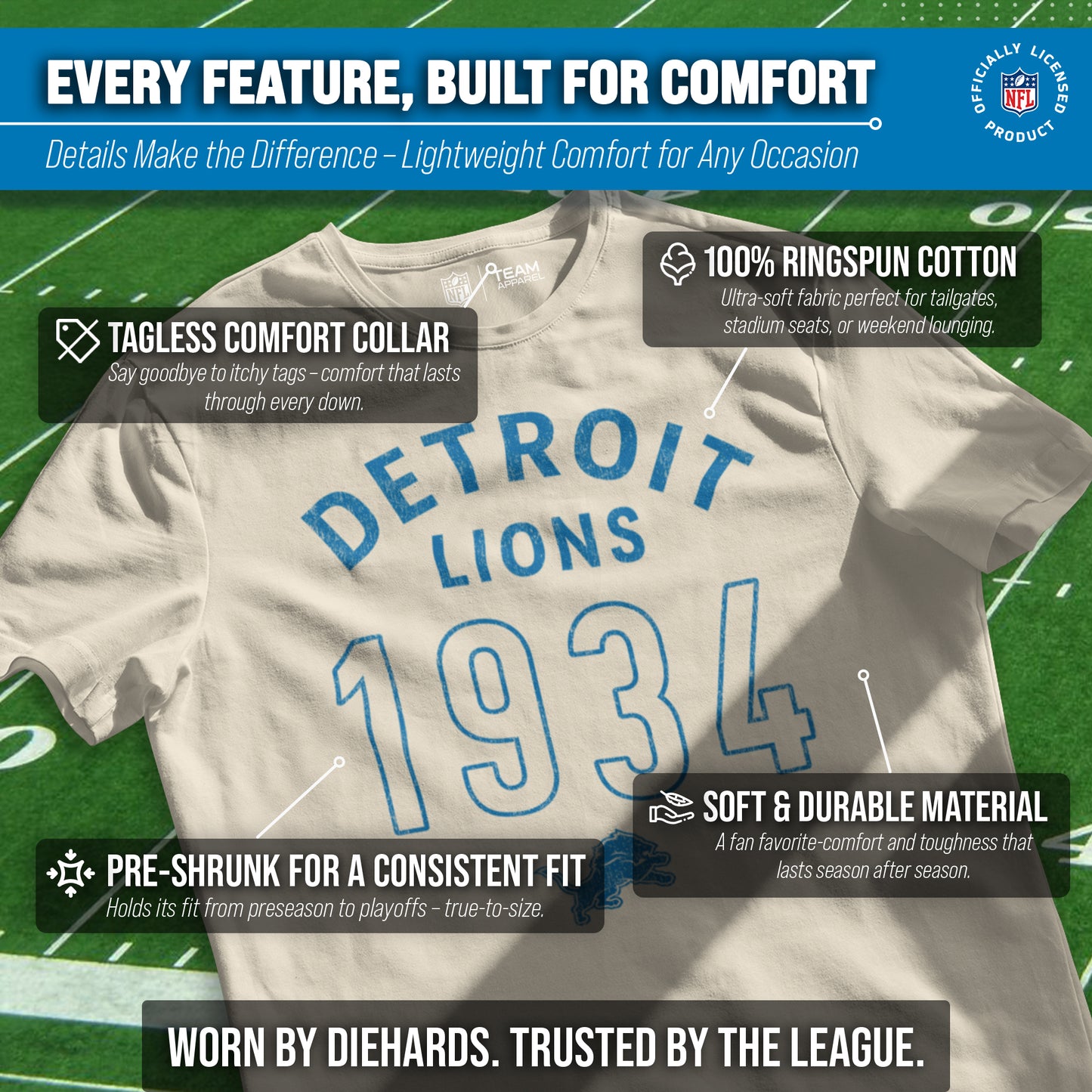 Detroit Lions NFL Adult Big Date Tag-Less T-Shirt - Natural