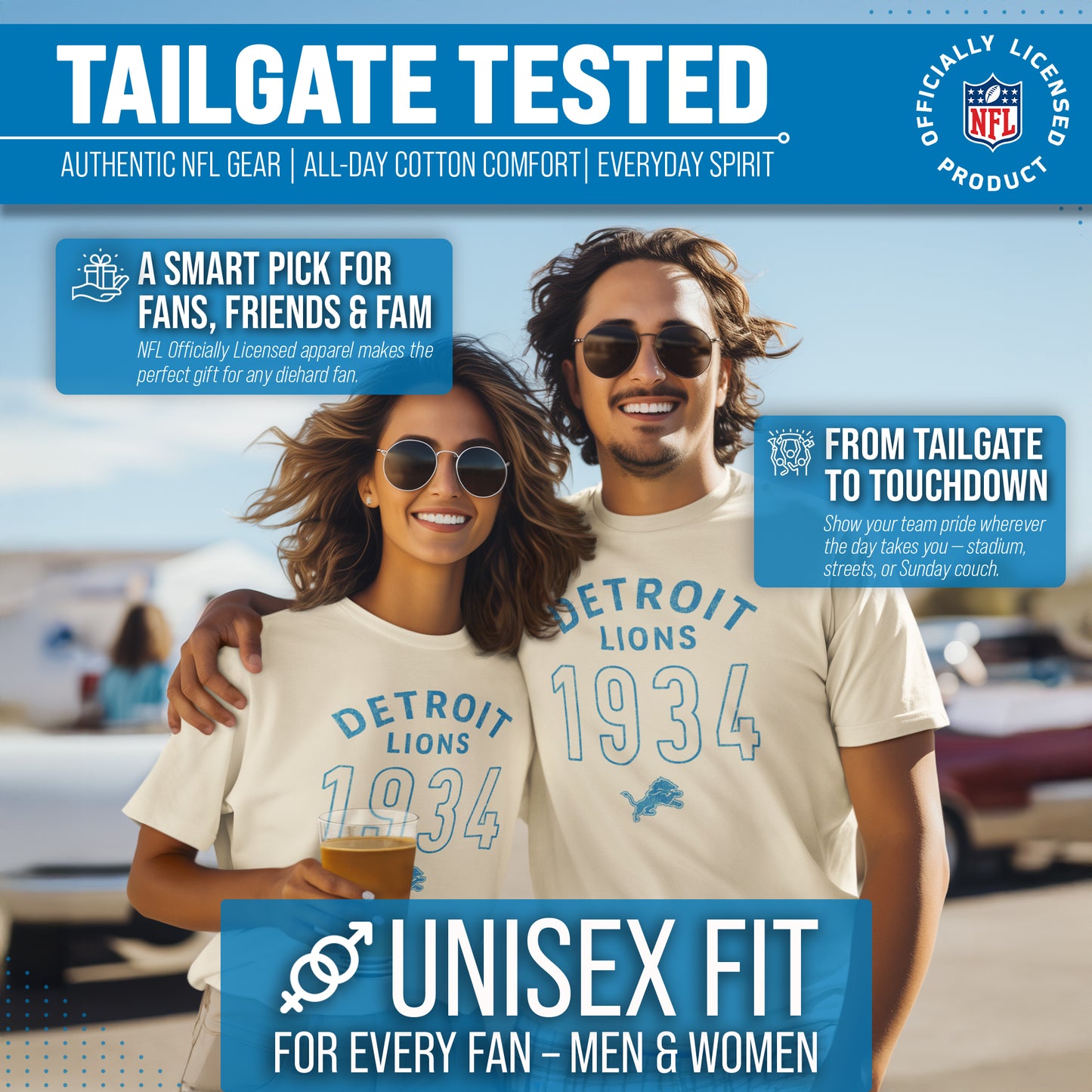 Detroit Lions NFL Adult Big Date Tag-Less T-Shirt - Natural