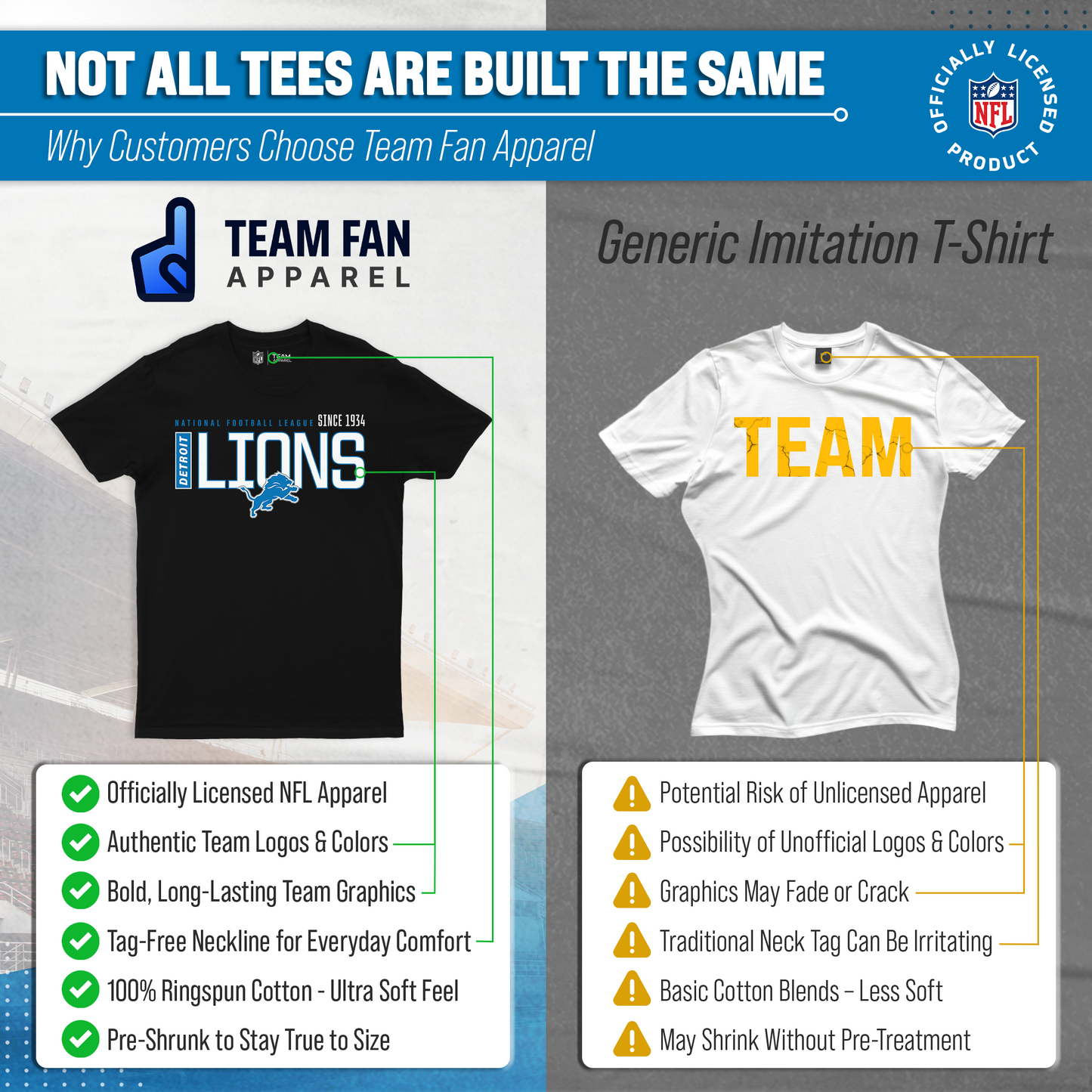 Detroit Lions NFL Adult Modern Endzone Tag-Less T-Shirt - Black