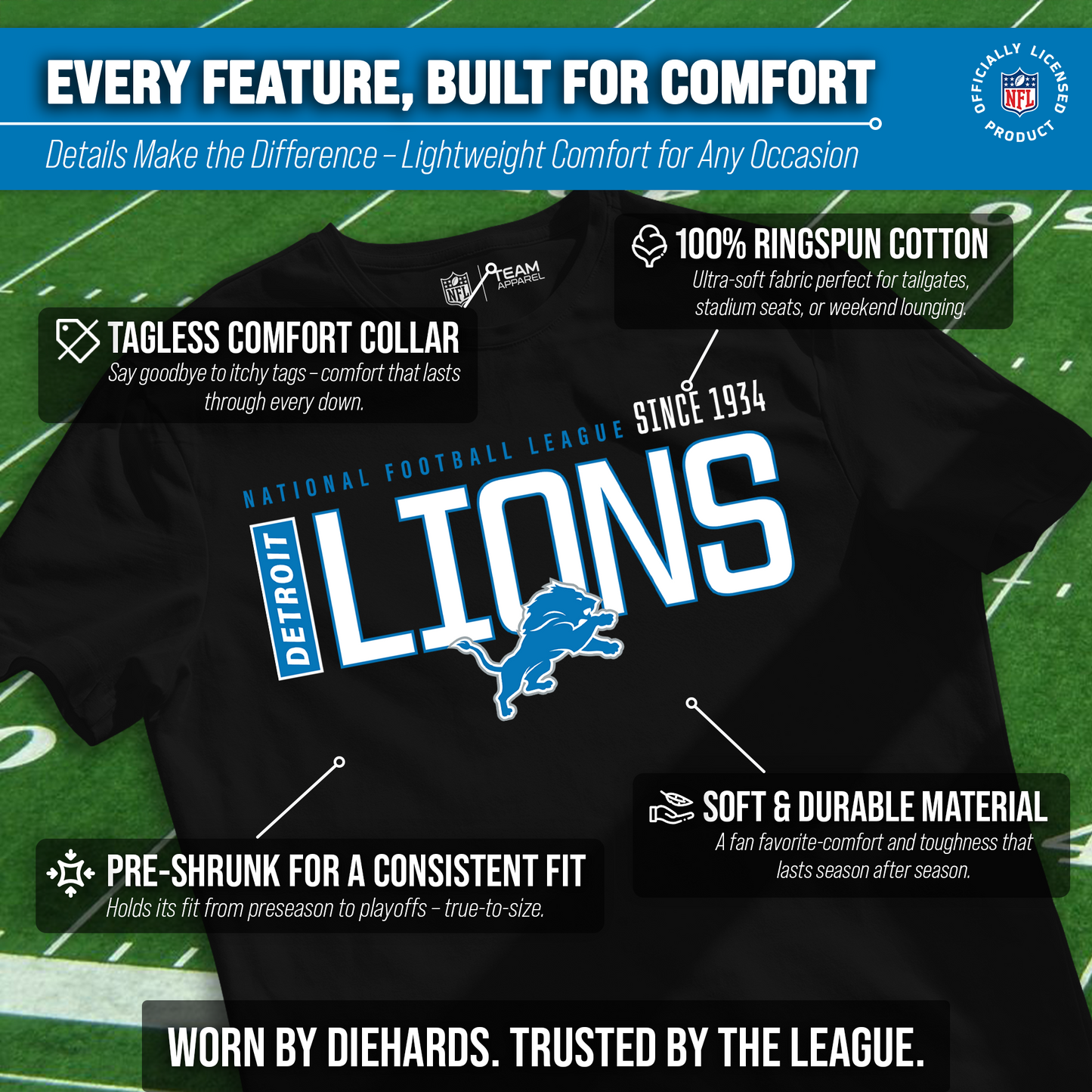Detroit Lions NFL Adult Modern Endzone Tag-Less T-Shirt - Black