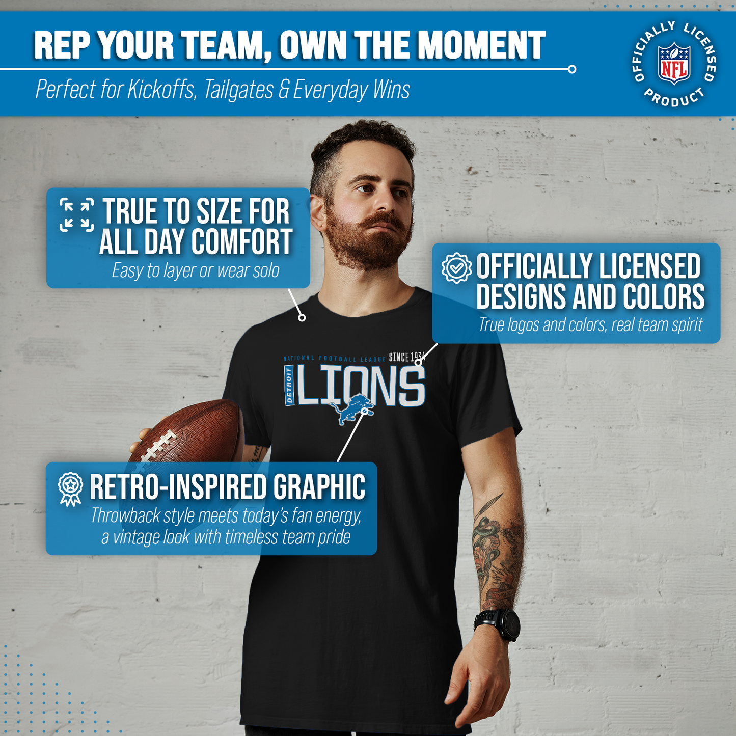 Detroit Lions NFL Adult Modern Endzone Tag-Less T-Shirt - Black