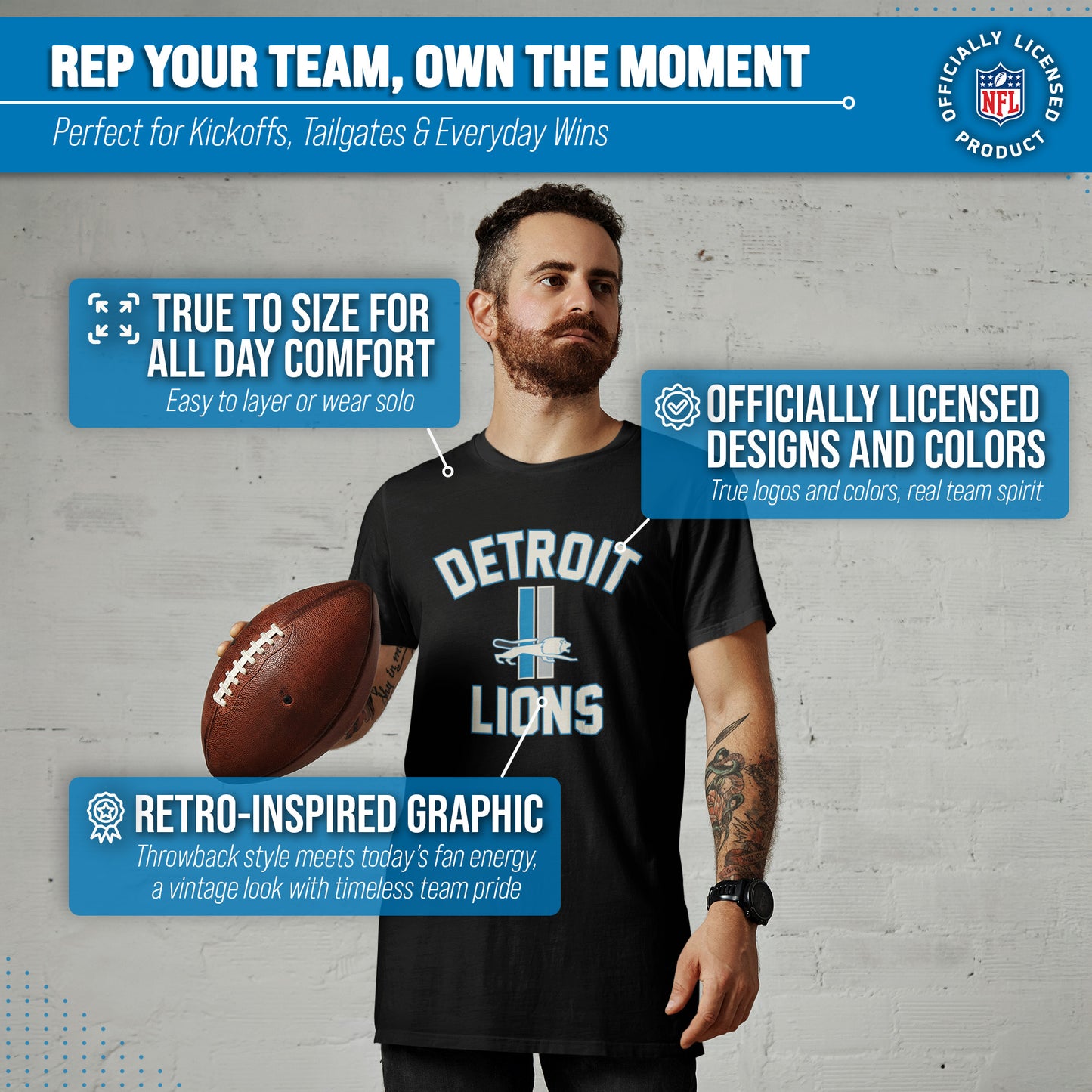 Detroit Lions NFL Adult Retro Gameday Unisex T-Shirt - Black