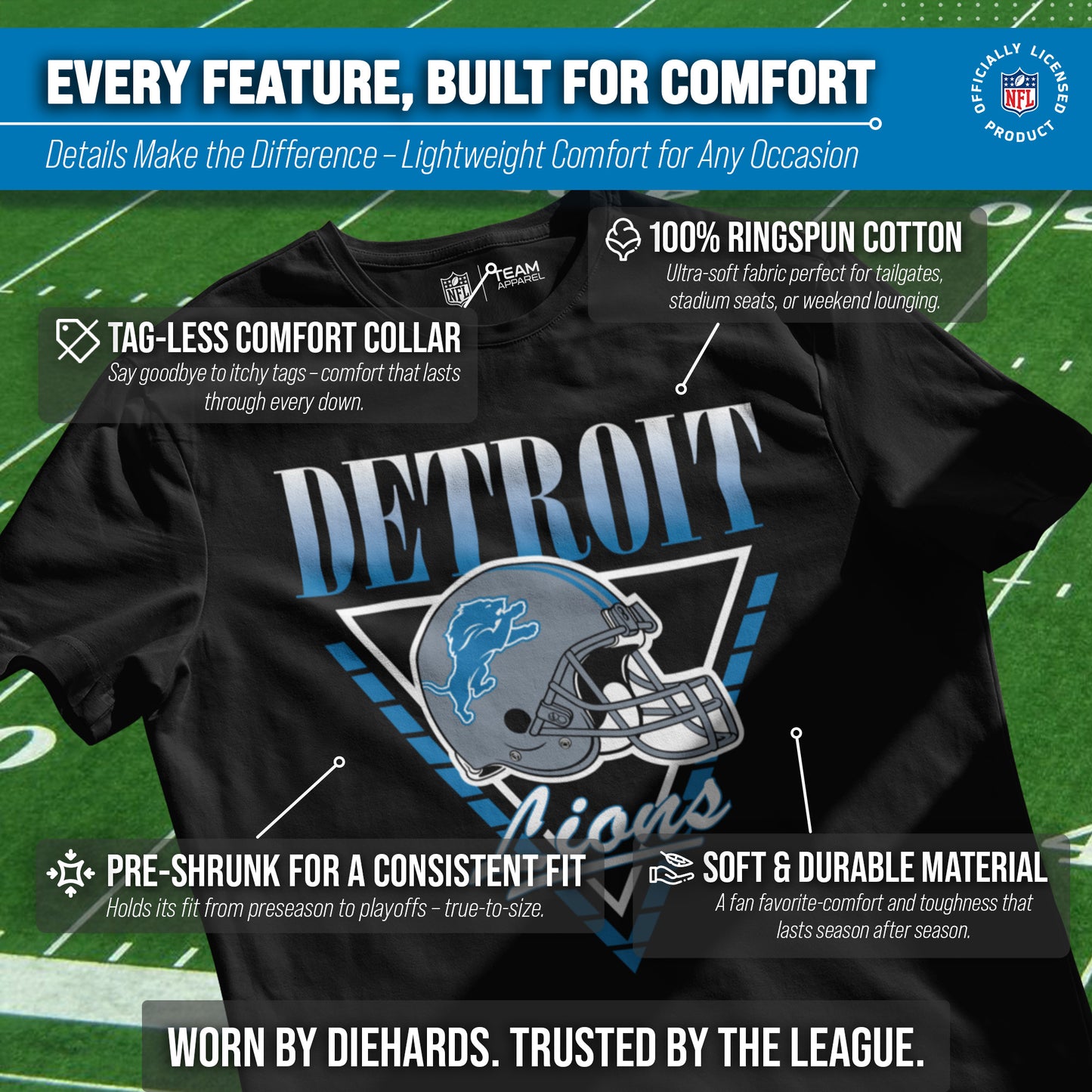 Detroit Lions NFL Adult Retro Triangle Unisex T-Shirt - Black