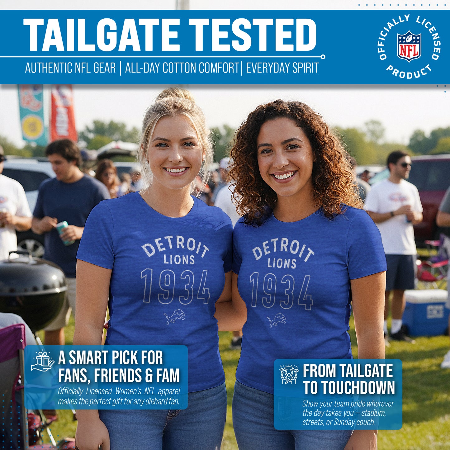 Detroit Lions NFL Womens Big Date Tag-Less T-Shirt - Royal Heather