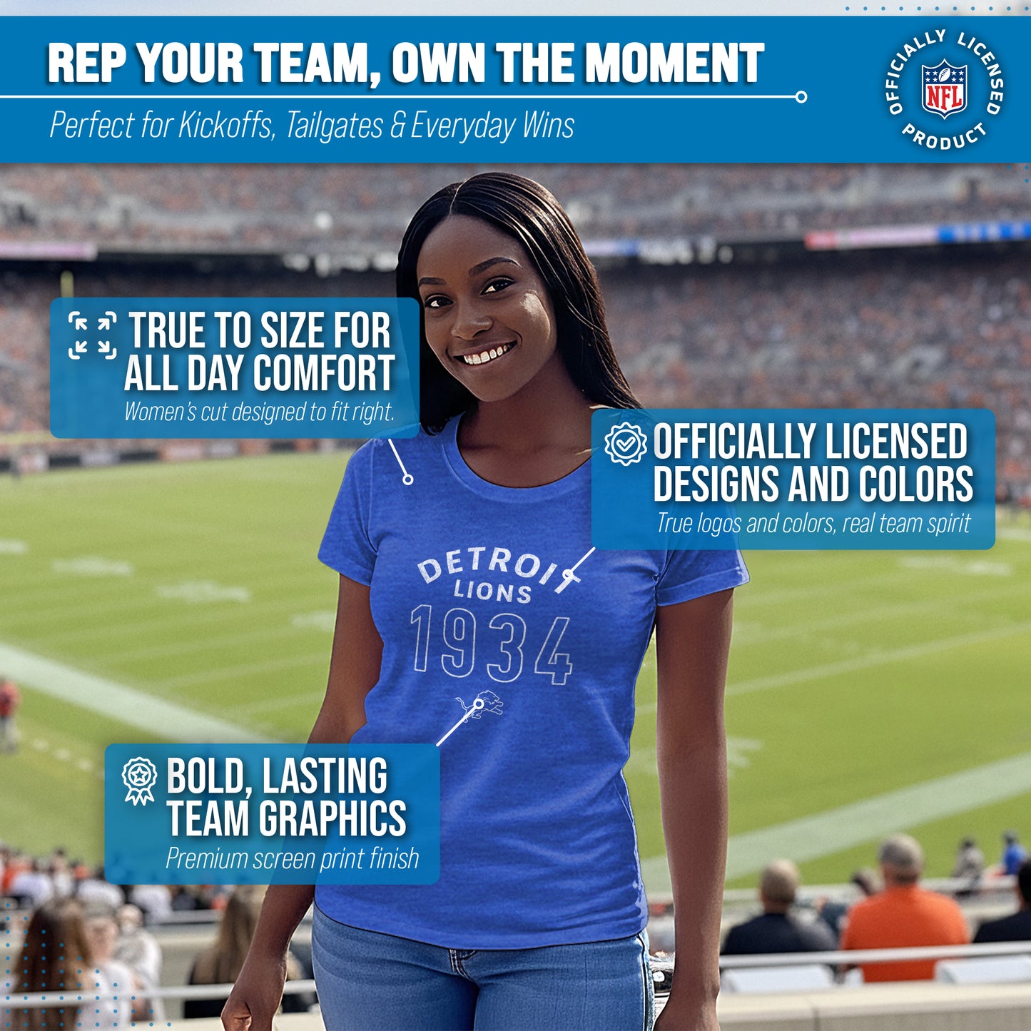 Detroit Lions NFL Womens Big Date Tag-Less T-Shirt - Royal Heather