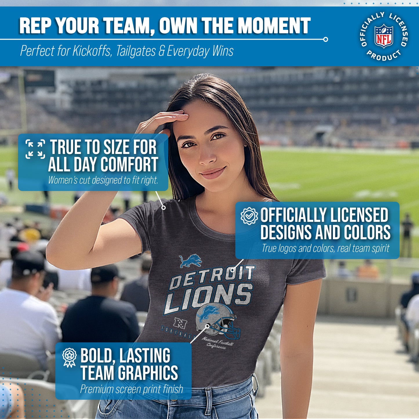 Detroit Lions NFL Womens Distressed Helmet Tag-Less Soft T-Shirt - Heather Charcoal