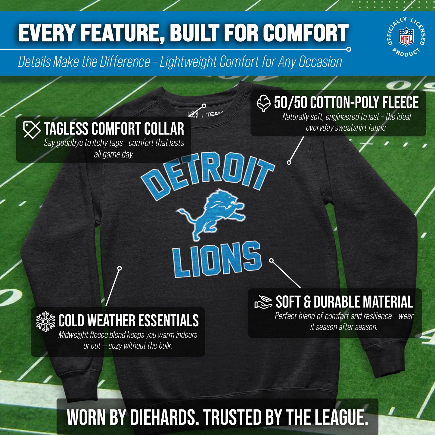 Detroit Lions NFL Gameday Adult Crewneck Sweatshirt - Heathered Charcoal
