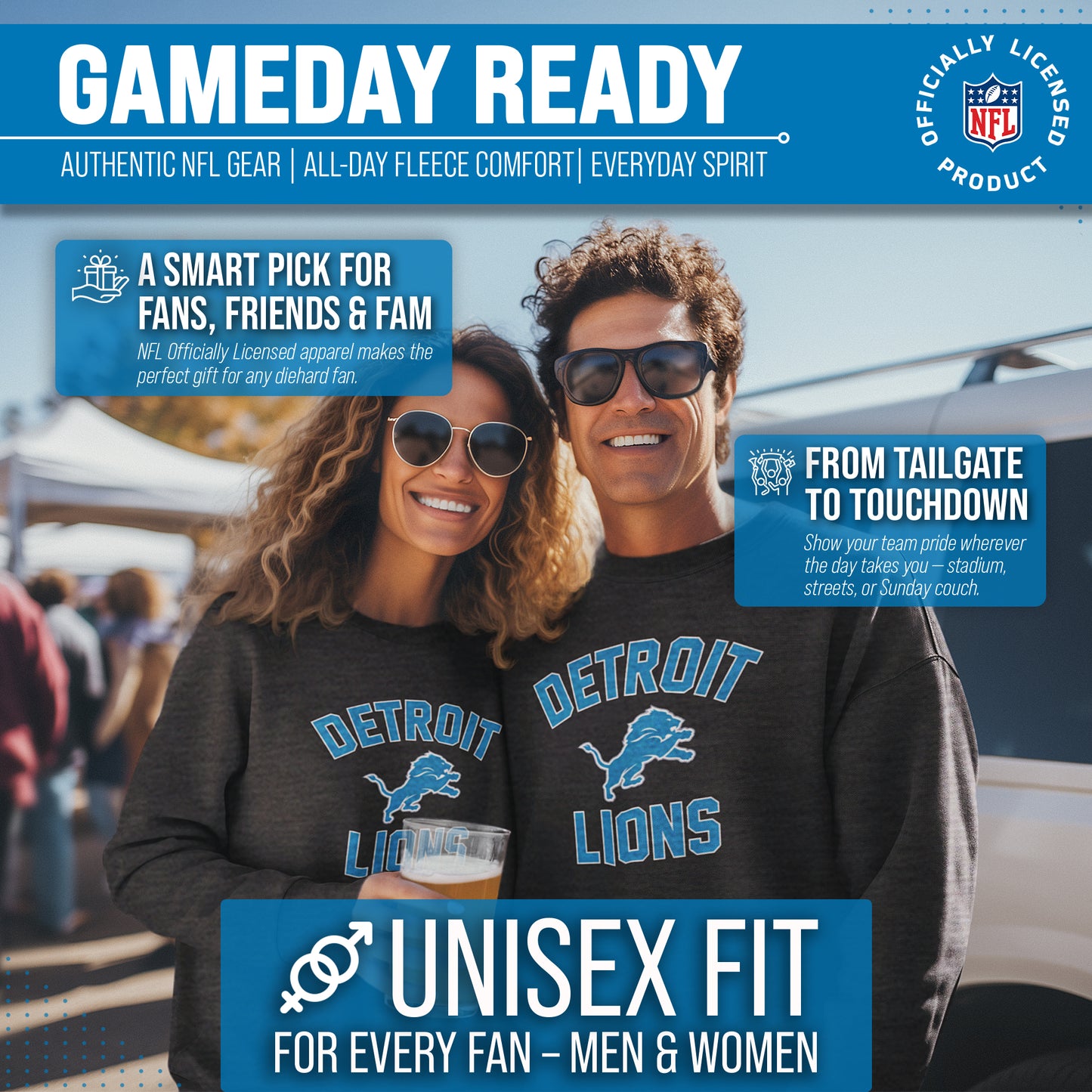 Detroit Lions NFL Gameday Adult Crewneck Sweatshirt - Heathered Charcoal