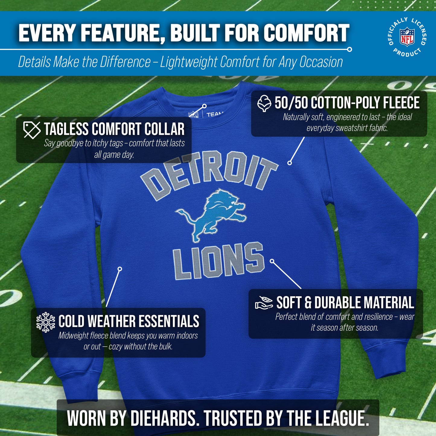 Detroit Lions NFL Gameday Adult Crewneck Sweatshirt - Royal