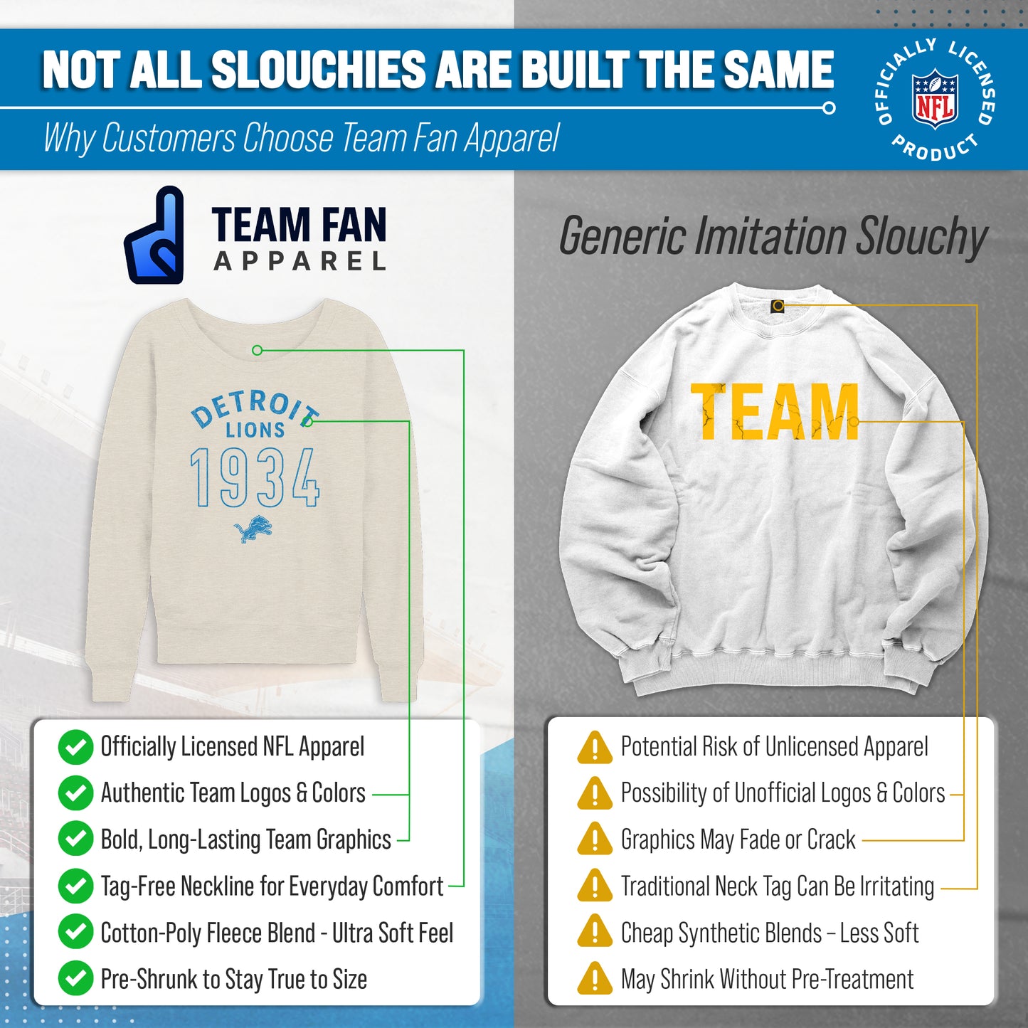 Detroit Lions NFL Womens Big Date Slouchy Crewneck - Natural