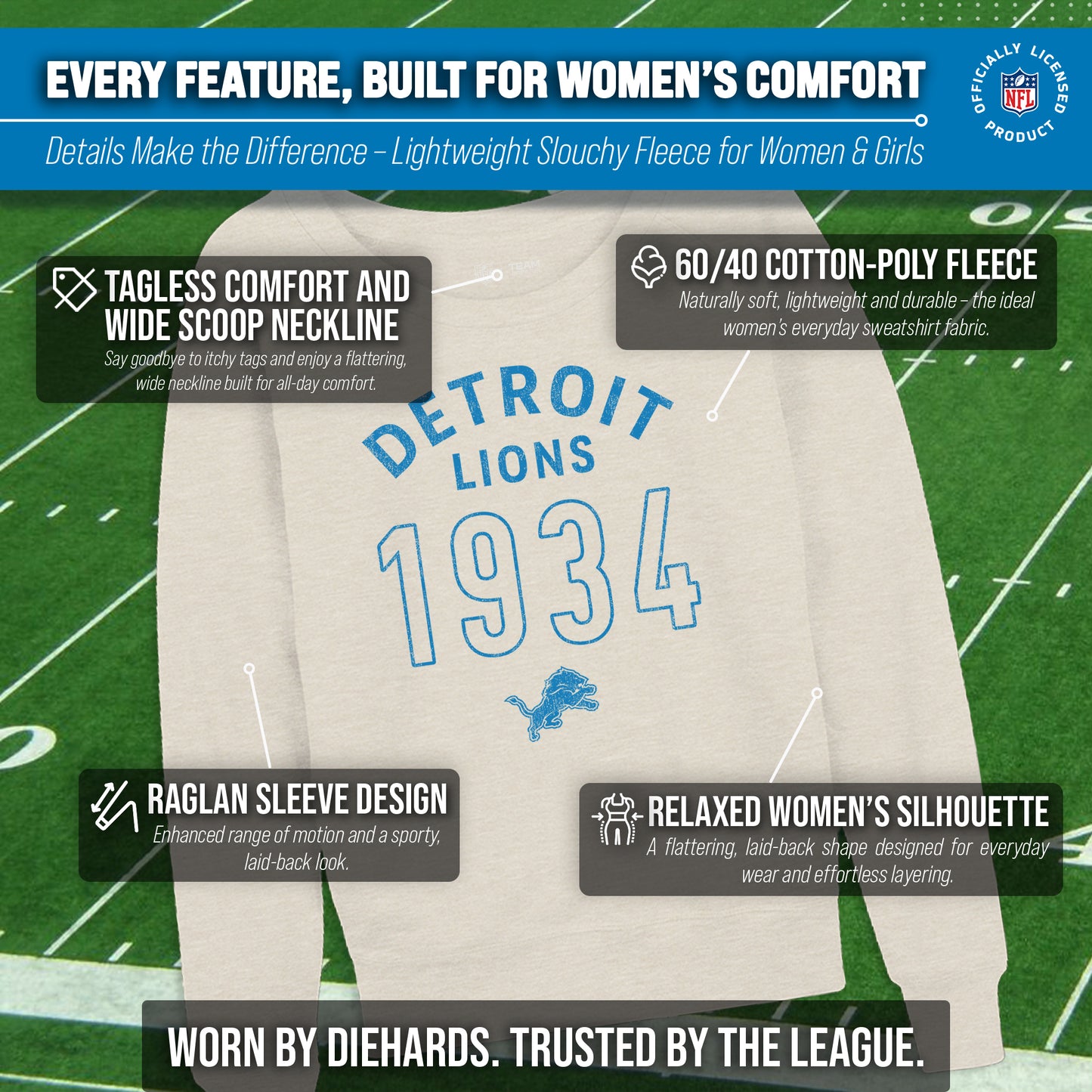 Detroit Lions NFL Womens Big Date Slouchy Crewneck - Natural