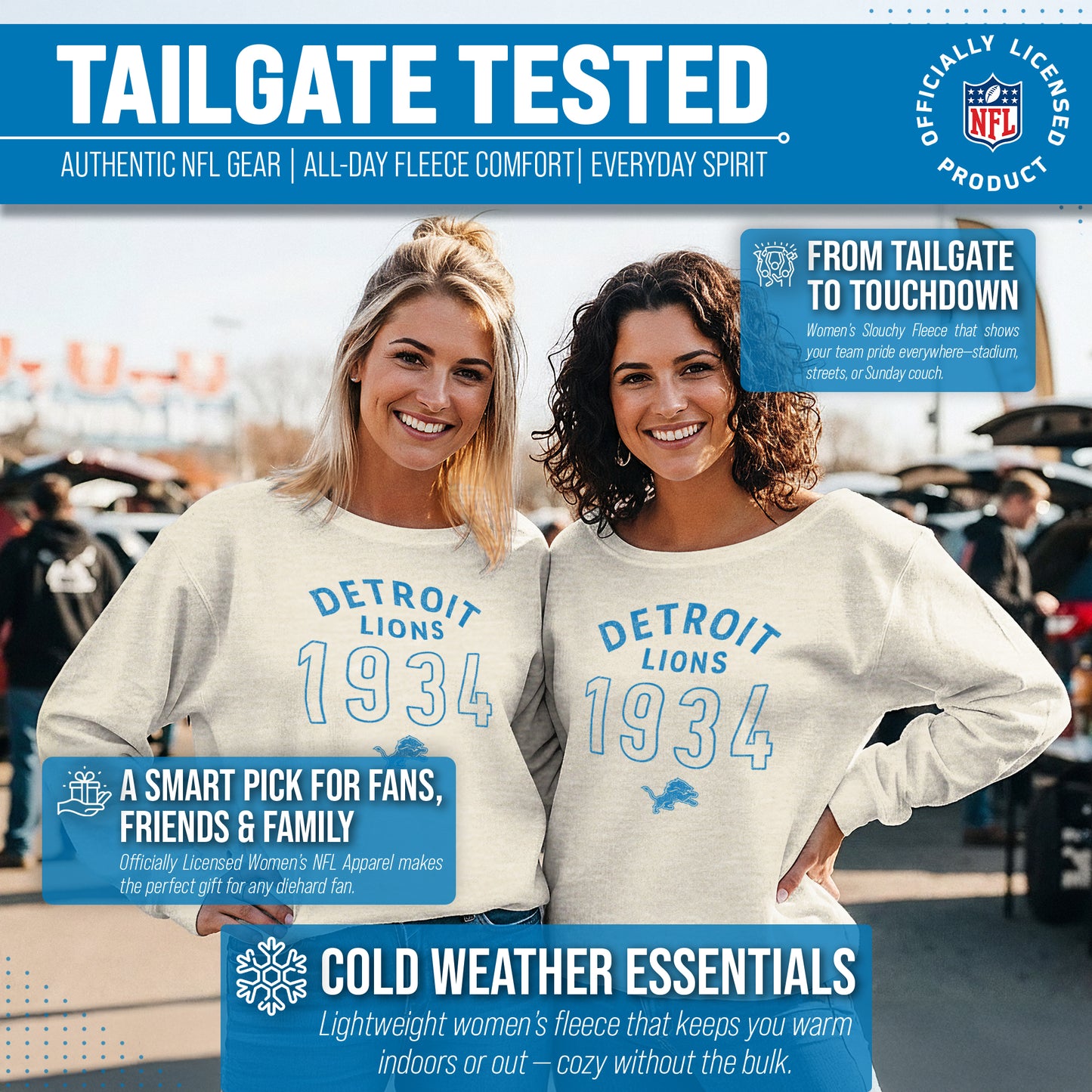 Detroit Lions NFL Womens Big Date Slouchy Crewneck - Natural