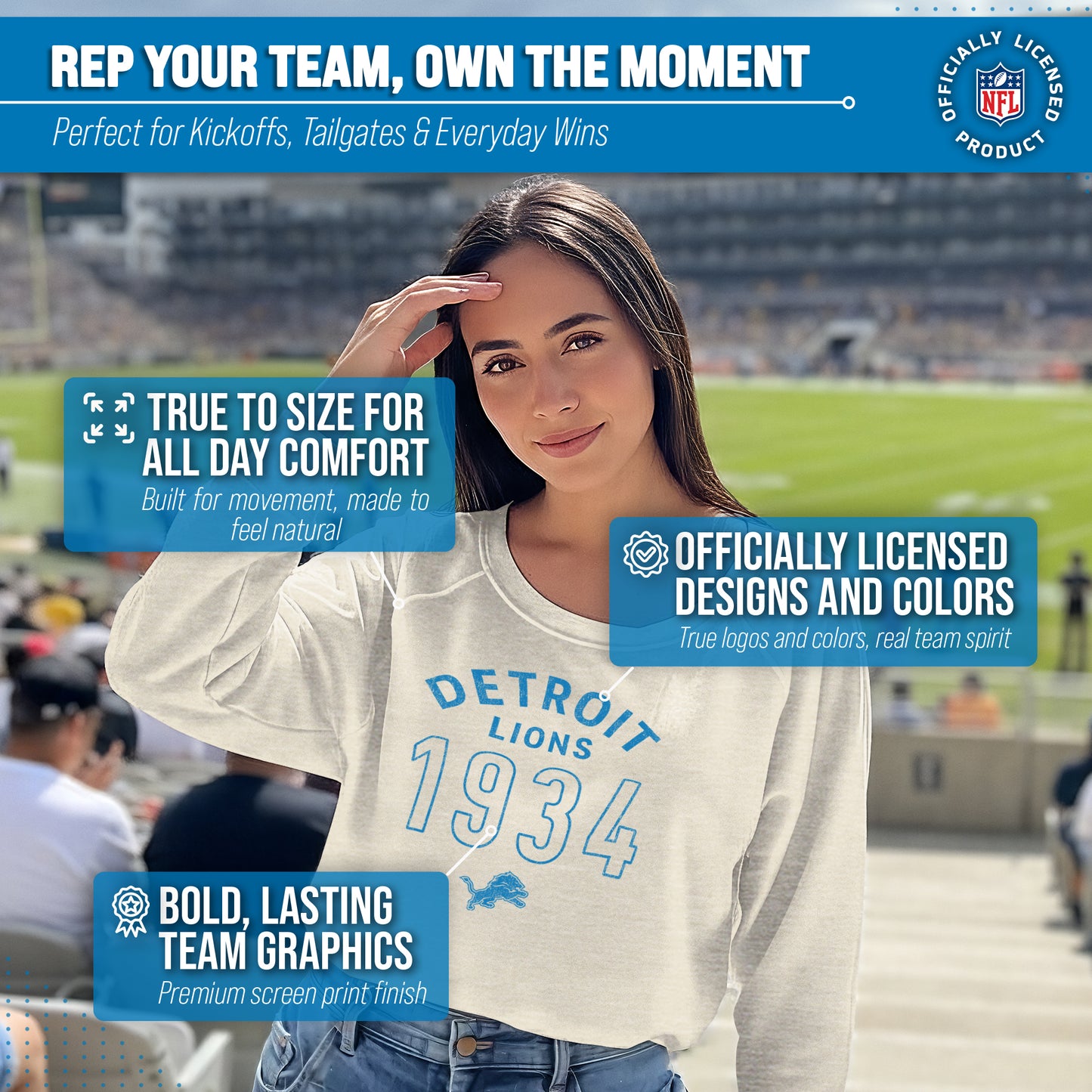 Detroit Lions NFL Womens Big Date Slouchy Crewneck - Natural