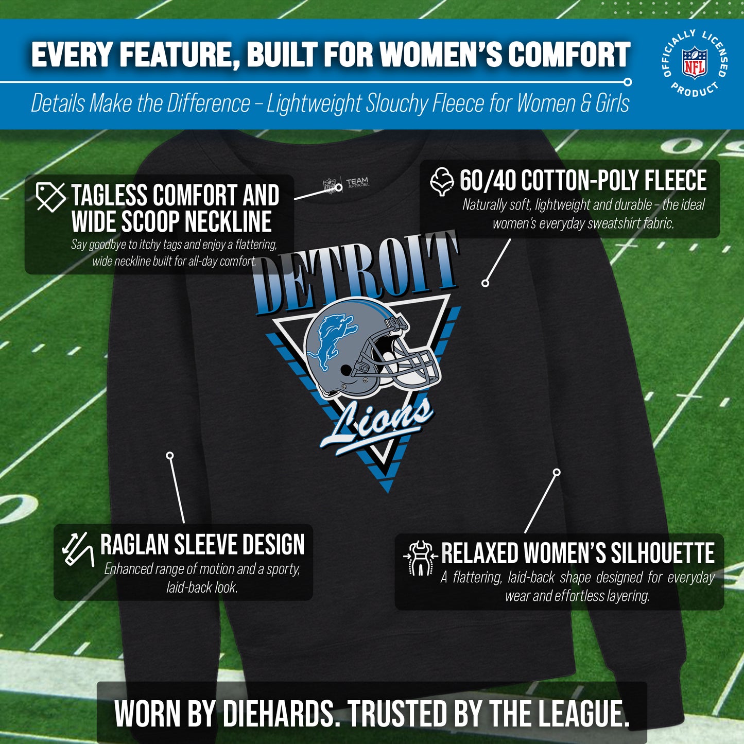 Detroit Lions NFL Womens Retro Triangle Slouchy Crewneck - Heather Charcoal