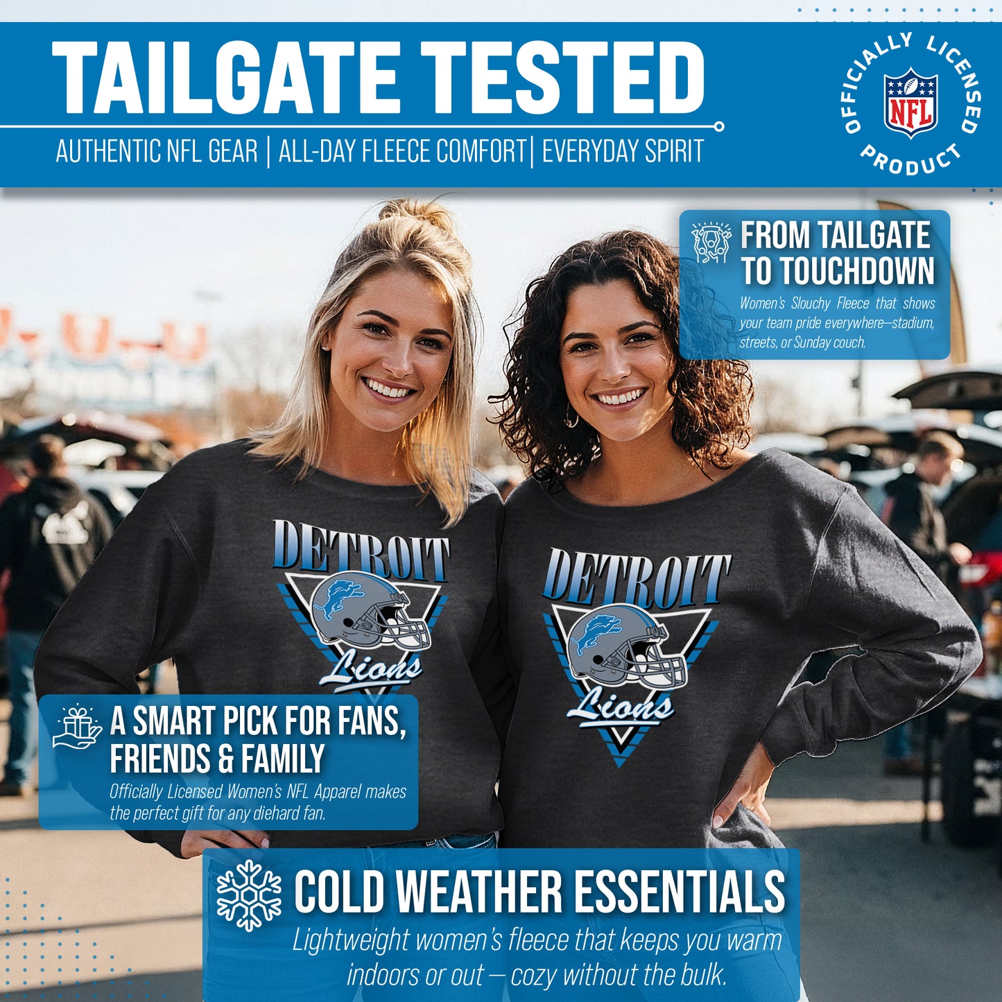 Detroit Lions NFL Womens Retro Triangle Slouchy Crewneck - Heather Charcoal