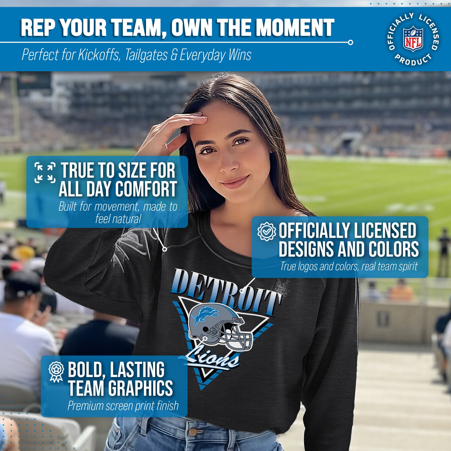 Detroit Lions NFL Womens Retro Triangle Slouchy Crewneck - Heather Charcoal