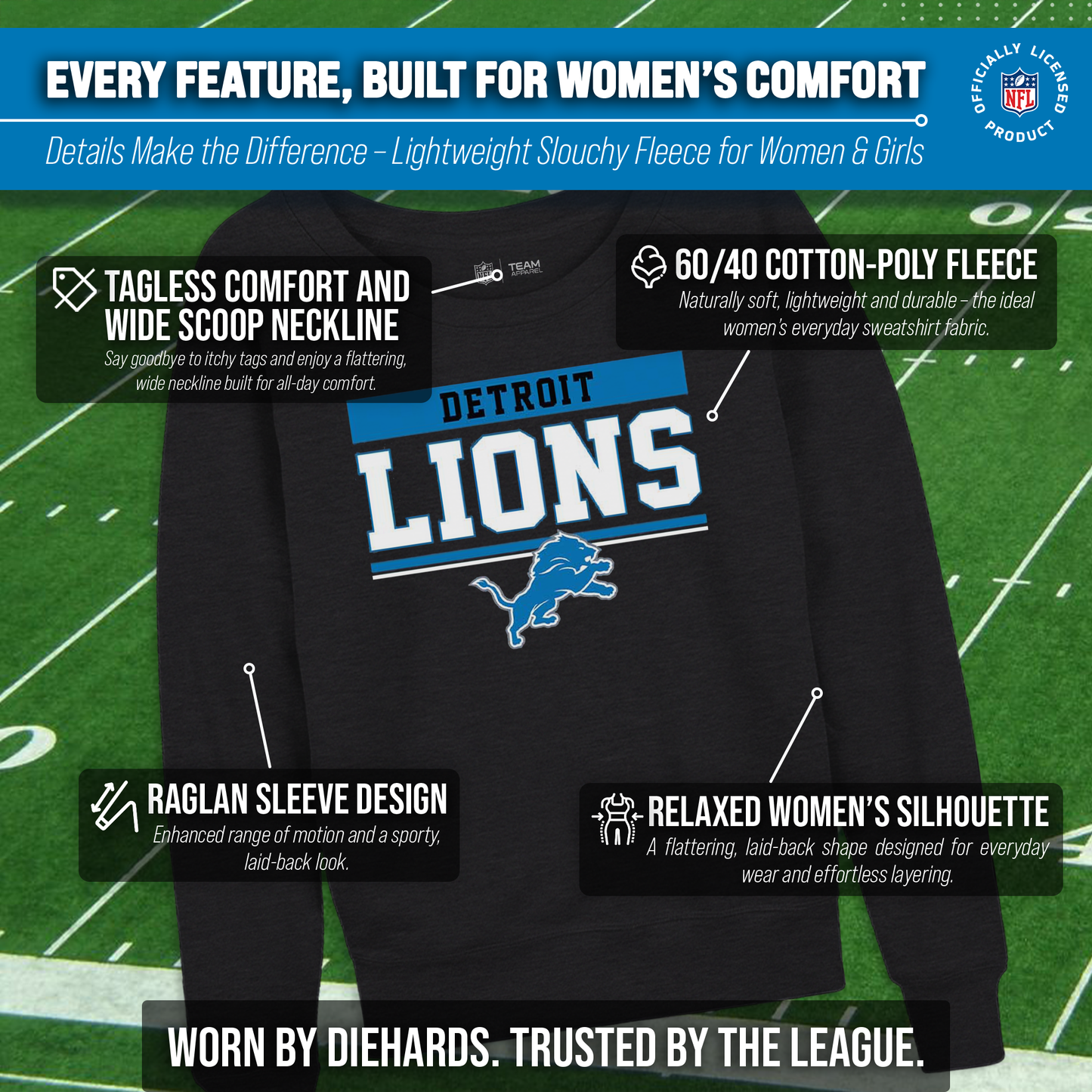 Detroit Lions NFL Womens Charcoal Crew Neck Football Apparel - Charcoal