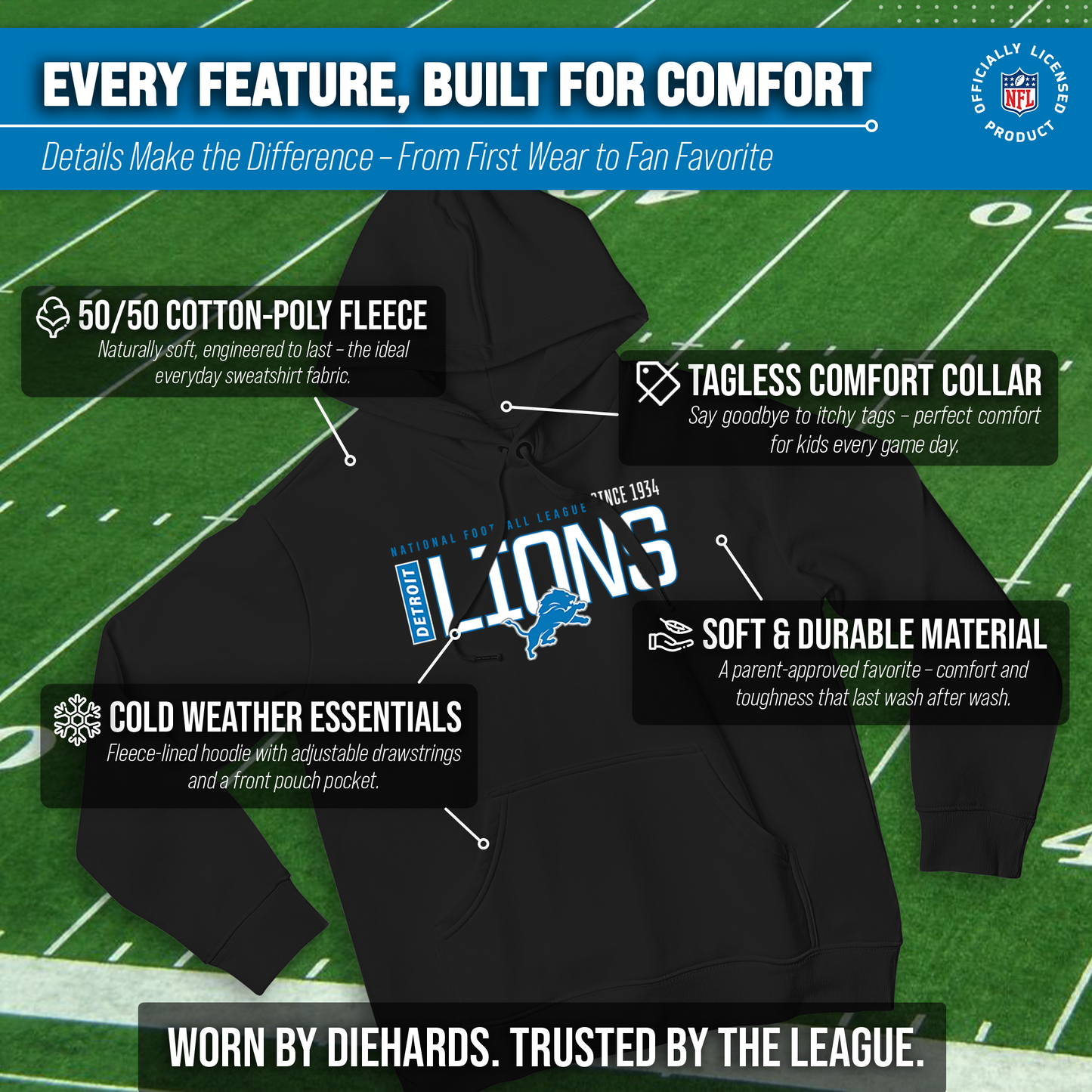 Detroit Lions NFL Adult Unisex Modern Endzone Soft Fleece Hooded Sweatshirt - Black