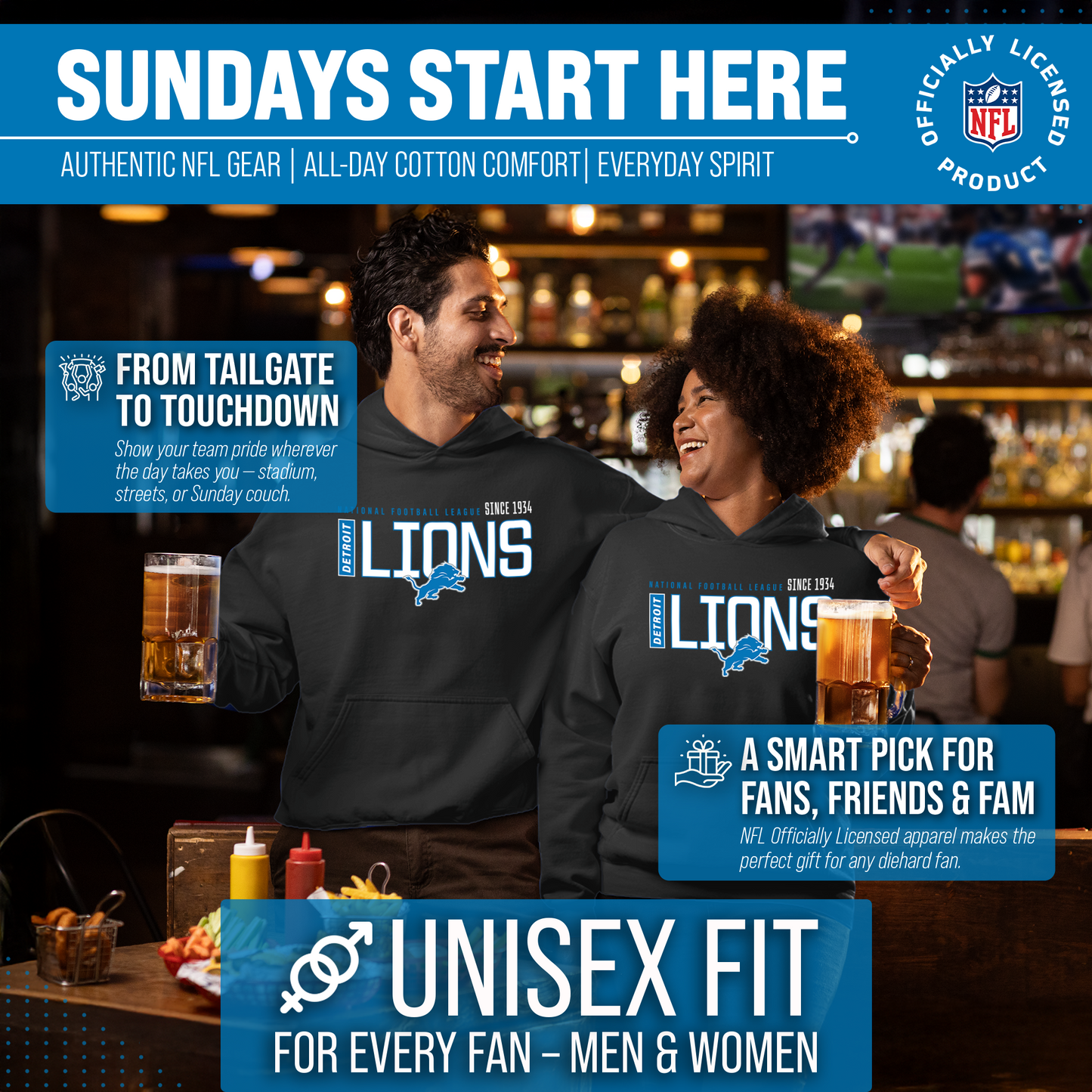 Detroit Lions NFL Adult Unisex Modern Endzone Soft Fleece Hooded Sweatshirt - Black