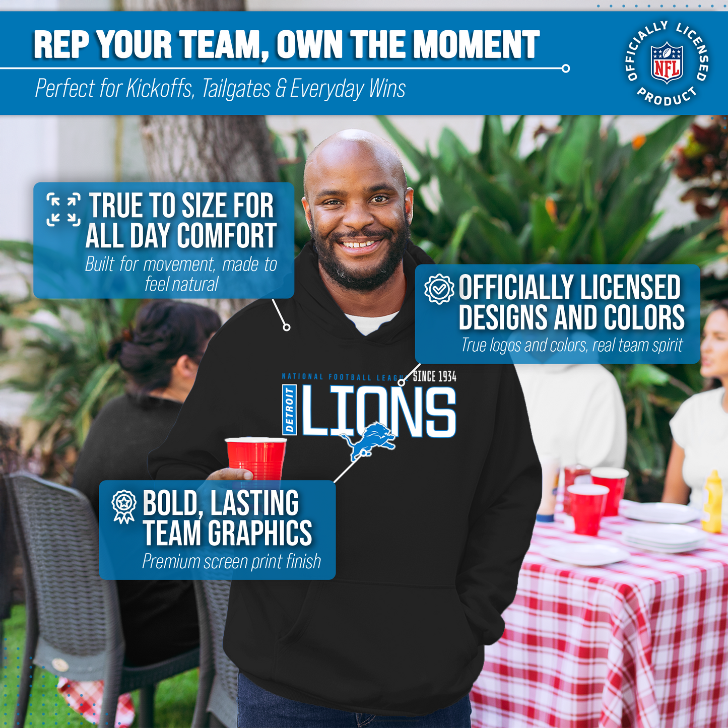 Detroit Lions NFL Adult Unisex Modern Endzone Soft Fleece Hooded Sweatshirt - Black