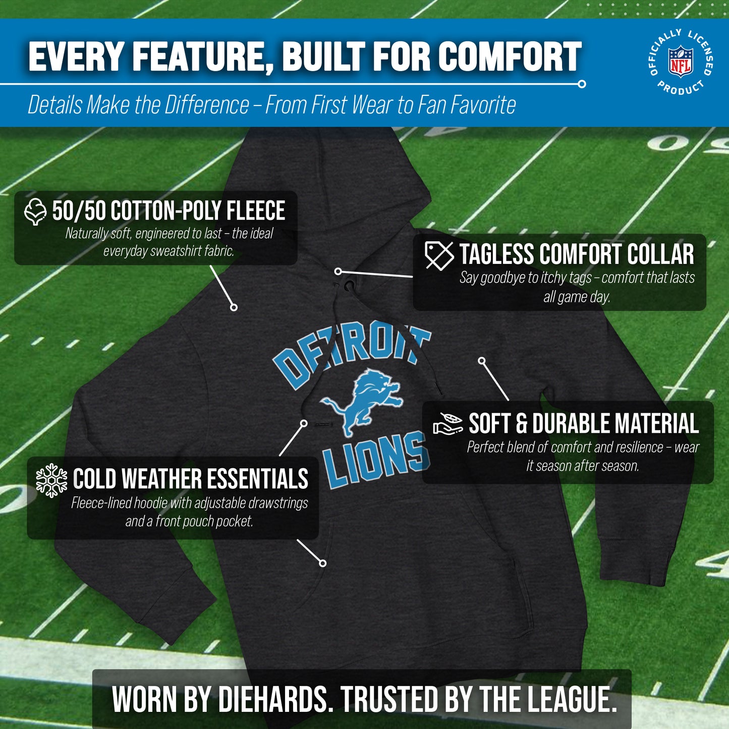 Detroit Lions NFL Gameday Adult Hooded Sweatshirt - Heathered Charcoal