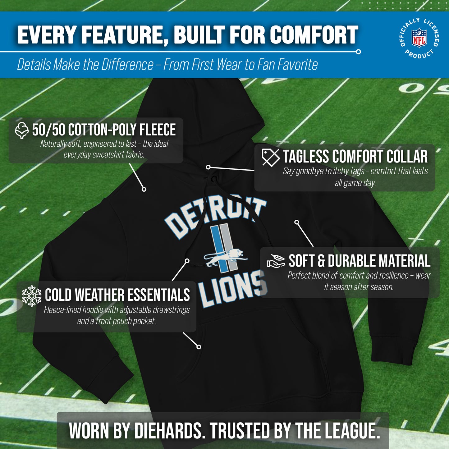 Detroit Lions NFL Adult Unisex Retro Gameday Ultra Soft Fleece Hooded Sweatshirt - Black