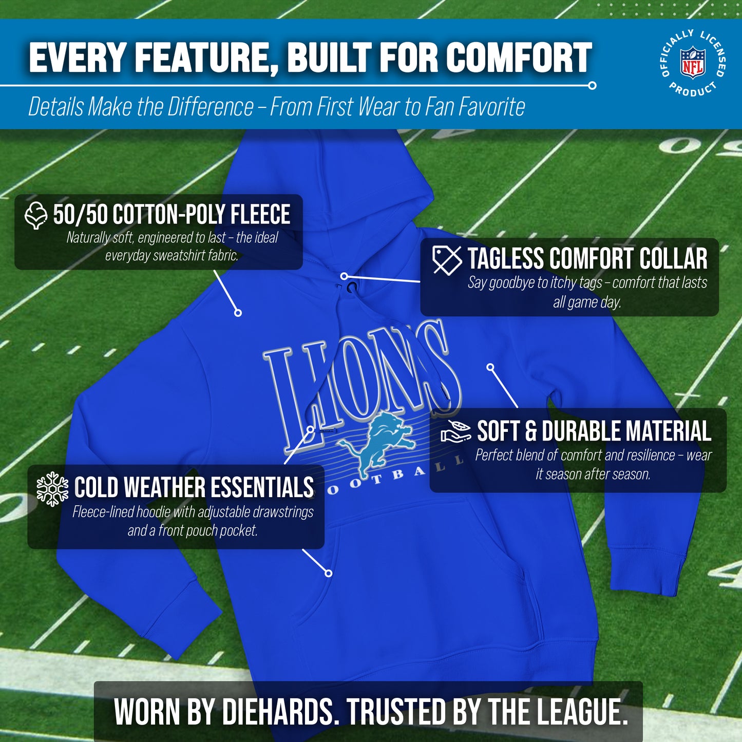 Detroit Lions NFL Adult Unisex Overtime Blueprint Soft Fleece Hooded Sweatshirt - Royal