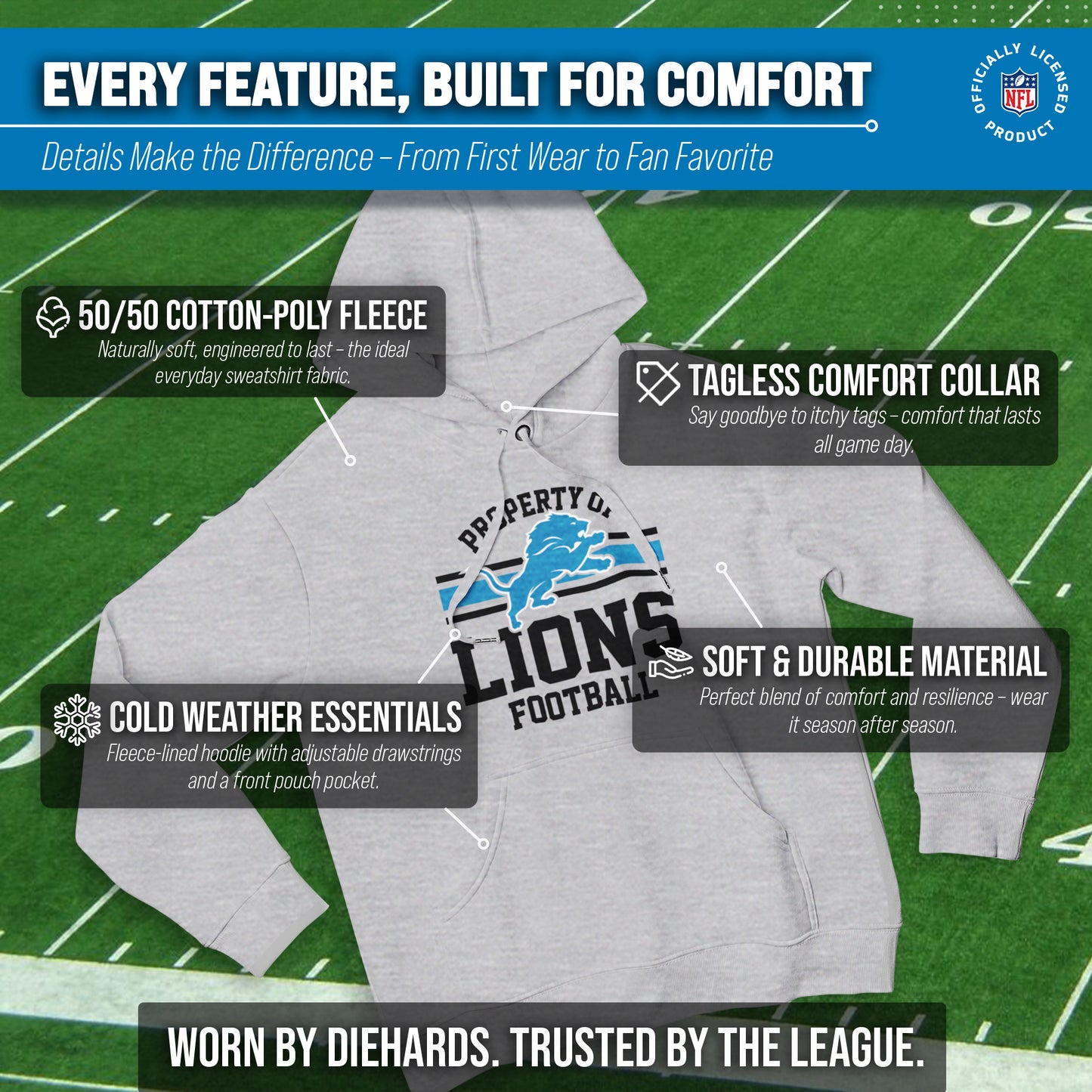 Detroit Lions NFL Adult Property Of Hooded Sweatshirt - Sport Gray