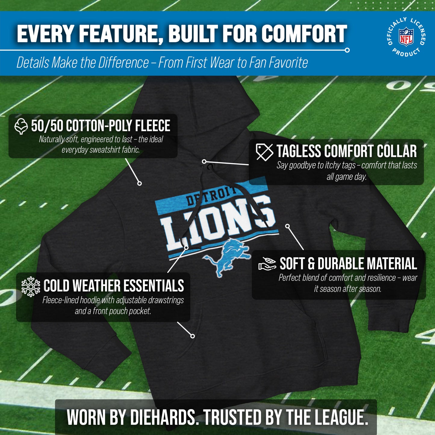Detroit Lions NFL Adult Gameday Charcoal Hooded Sweatshirt - Charcoal
