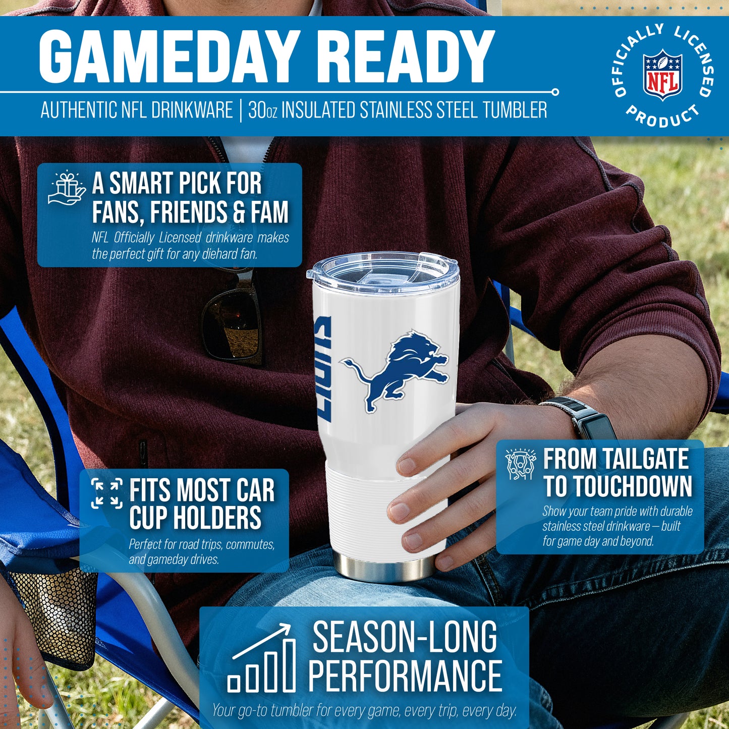 Detroit Lions NFL 30oz Gameday Stainless Steel Tumbler - White