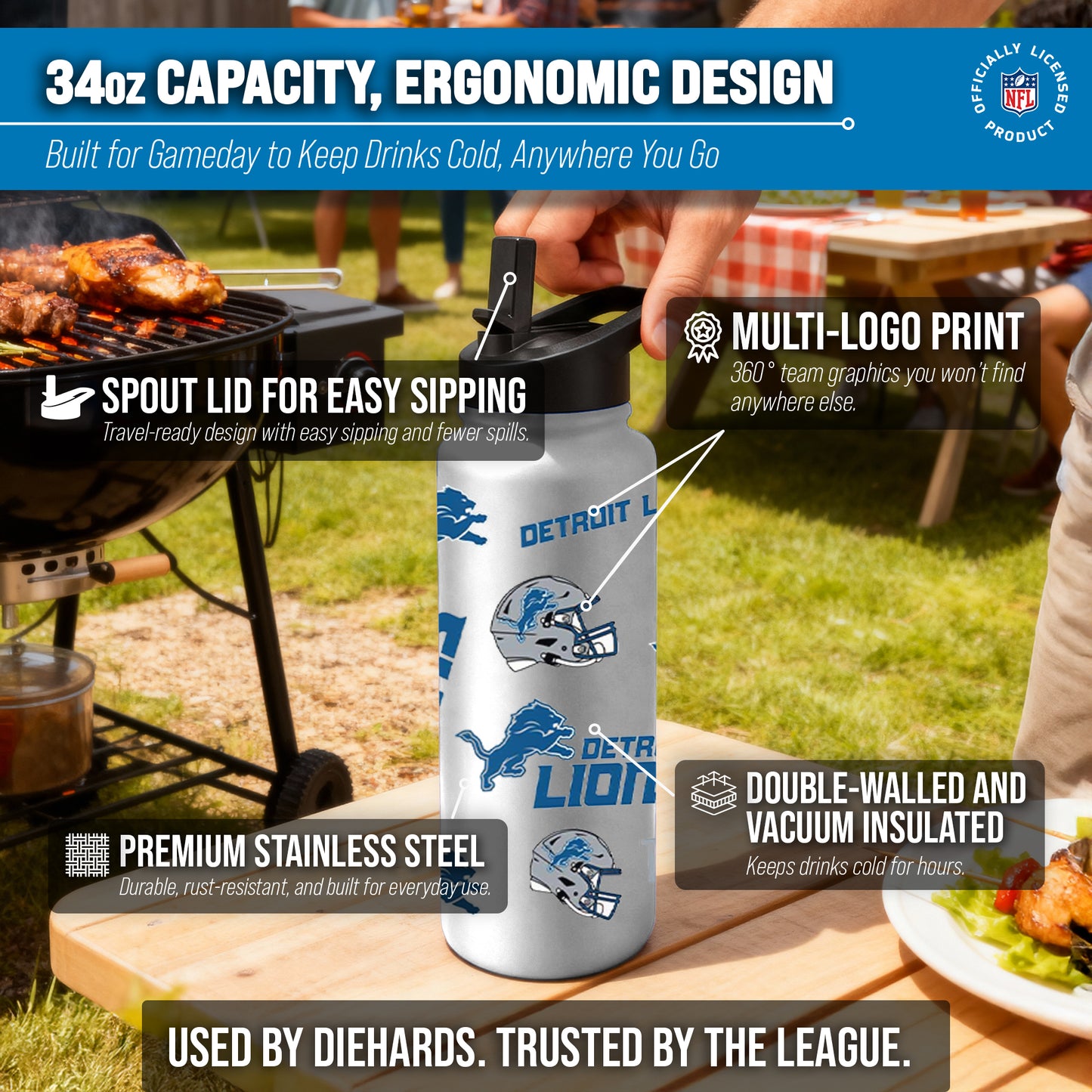 Detroit Lions NFL 34oz Quencher Stainless Steel Insulated Water Bottle - White