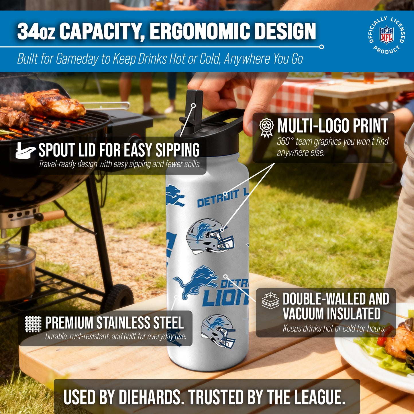 Detroit Lions NFL 34Oz Native Quencher Water Bottle - White