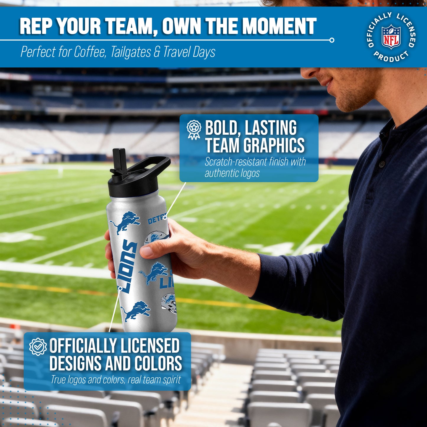 Detroit Lions NFL 34Oz Native Quencher Water Bottle - White