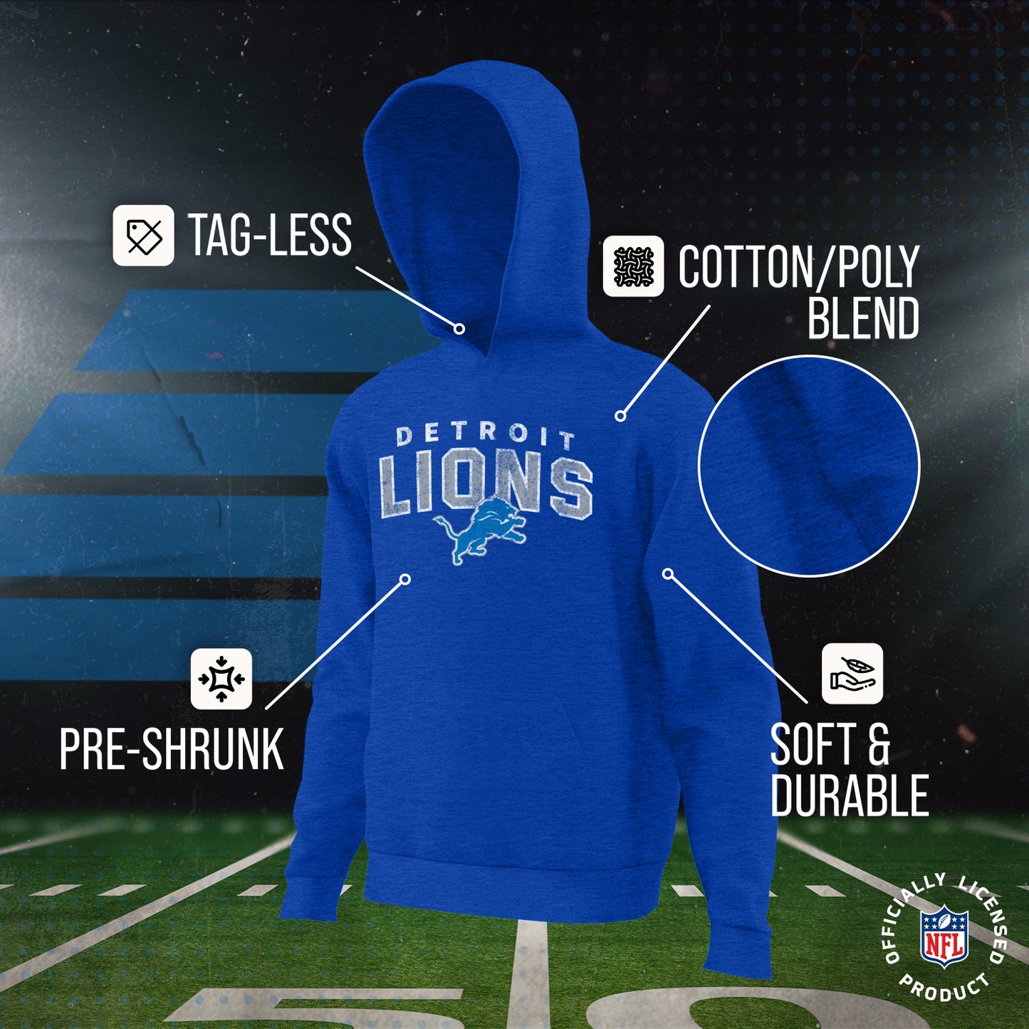 Detroit Lions NFL Youth Starting Fresh Hoodie- Pro Football Sweatshirt for Boys and Girls - Royal