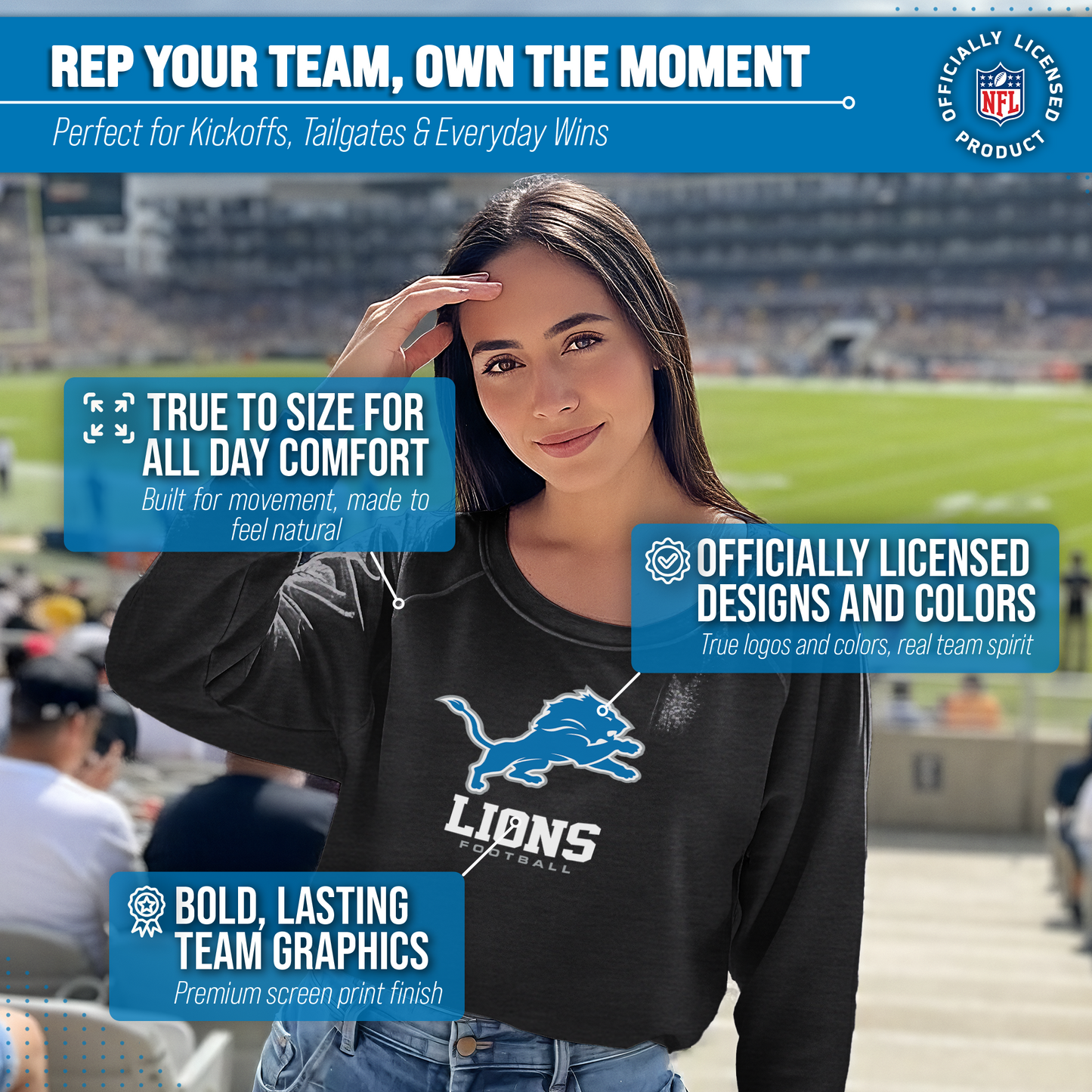 Detroit Lions Women's NFL Ultimate Fan Logo Slouchy Crewneck -Tagless Fleece Lightweight Pullover - Charcoal